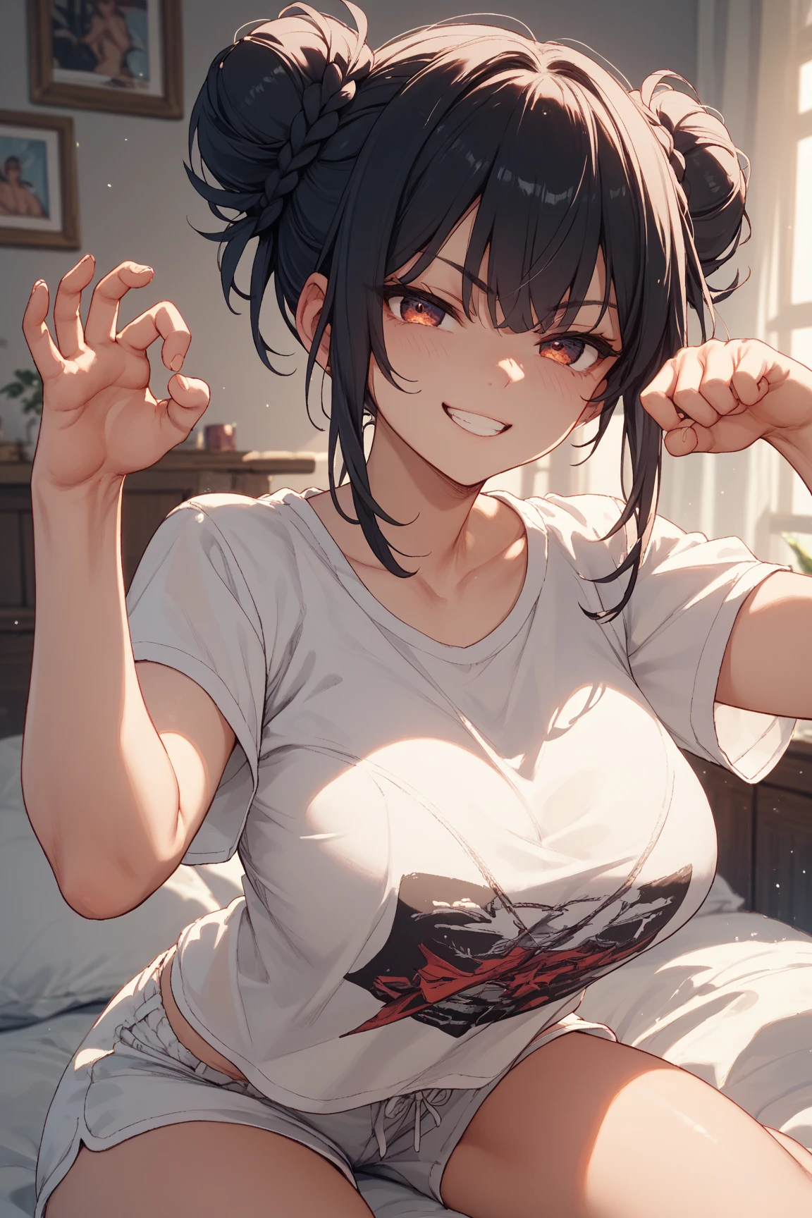 (Hands folded behind your back)、Beautiful breasts、Black Hair、Armpits are visible、Attractive breasts、Beautiful and attractive anime woman, Enchanting anime girl, Top rated on pixiv、Healthy Body、OK、(white)See-through tank top、Yakuza、(All over the body)Tattoo、(Large on the arm)Tattoo、I can see your underwear、Shaving、Slippery、big round earrings、Iris、beautiful girl、、Provocative、Underwear is biting into、The setting sun is shining through the window、Stay in the house、Quiet、Inconspicuous、Nipples、bedroom、Big Breasts、brown、Short Bob、Looking down from above、The private parts are visible
