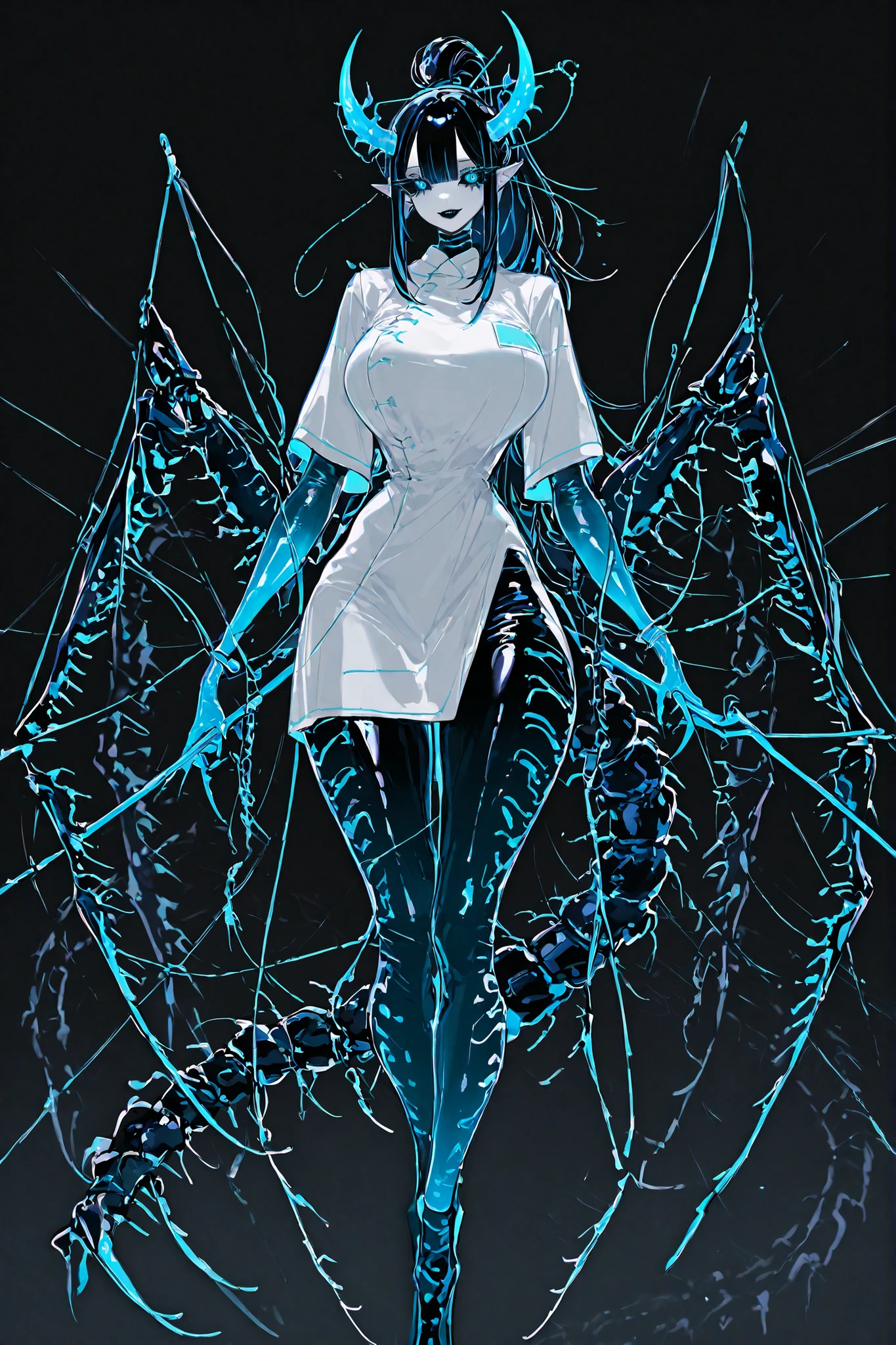 (xxx667_illu,) The monster woman is demon-centipede hybrid.  She has mature bodybuilding: she is tall, has big breasts, a narrow waist ,wide hips, PALE WHITE SKIN. she has a long black centipede tail with harpoon-like sting. She has pointy-ears. She has extra  pair of limbs in the form of black mantis paws. She has dragonfly wings. she has two long jagged horns on her head. she has pitch black hair with indigo blue highlight, slanting bangs and long tall ponytail rubber band. She has expressive glowing blue eyes,black sclera,  black eye shadow with long lashes. She has scarlet red lipstick on her plump lips and she smiles mysteriously. She is dressed in a doctor's costume: white medical robe in oriental style, medical blouse, turquoise capri pants, medical silicone gloves. In the background : is a medical office of demonic hospital, in the room standing an anatomical model of a person, surgical  instruments are on the tables.