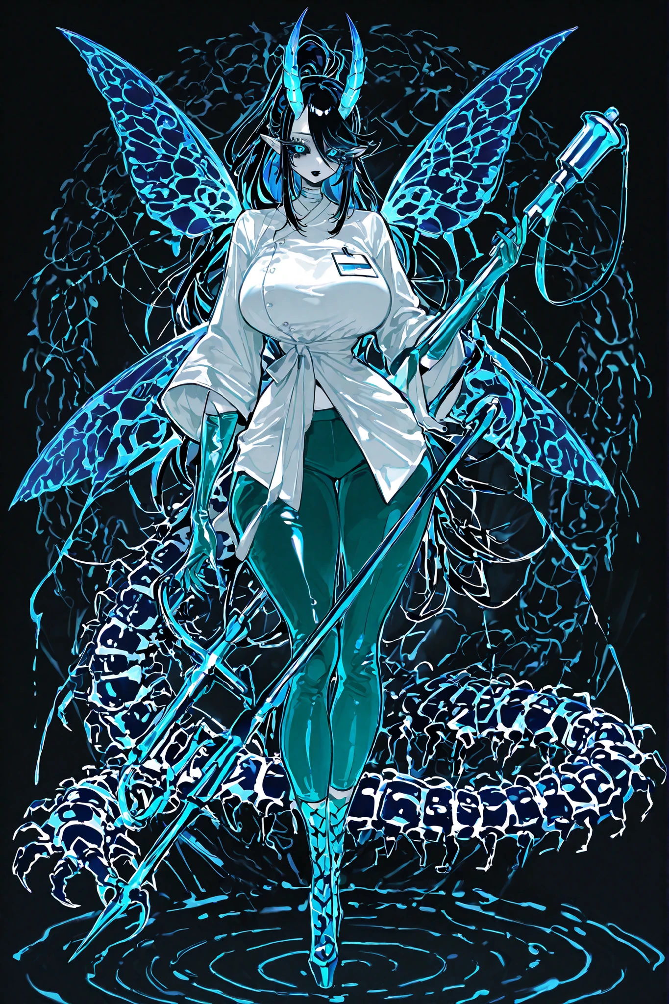 (xxx667_illu,) The monster woman is demon-centipede hybrid.  She has mature bodybuilding: she is tall, has big breasts, a narrow waist ,wide hips, PALE WHITE SKIN. she has a long black centipede tail with harpoon-like sting. She has pointy-ears. She has extra  pair of limbs in the form of black mantis paws. She has dragonfly wings. she has two long jagged horns on her head. she has pitch black hair with indigo blue highlight, slanting bangs and long tall ponytail rubber band. She has expressive glowing blue eyes,black sclera,  black eye shadow with long lashes. She has scarlet red lipstick on her plump lips and she smiles mysteriously. She is dressed in a doctor's costume: white medical robe in oriental style, medical blouse, turquoise capri pants, medical silicone gloves. In the background : is a medical office of demonic hospital, in the room standing an anatomical model of a person, surgical  instruments are on the tables.