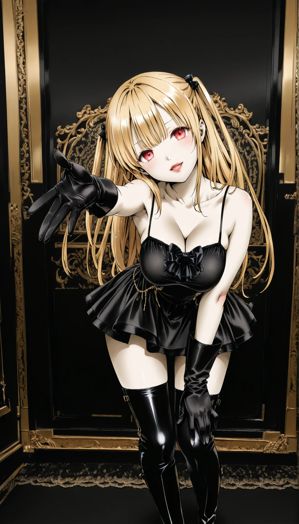 high resolution,32K,masterpiece,Highest Quality,ultra detailed face,(Dim Wine Cellar:1.4), one beautiful Japanese woman ,(red eyes:1.2), (huge breast:1.4),(beautiful face,small face:1.3),Blonde,(long hair),(two side up),(wispy bangs:1.2),(seductive smile:1.2),(naughty face:1.2),Red lipstick,(black bodycon mini dress:1.3),sleeveless,(black long opera glove:1.4),(black thigh high boots:1.4),(leaning forward:1.2),(POV:1.4),(head tilt:1.5),(reaching out:1.4),(standing:1.4),(glassy eyes:1.2),(half open mouth:1.2),(pale skin:1.4)