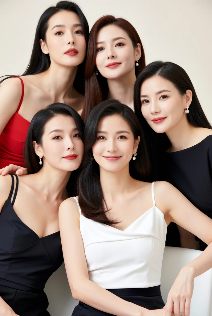 (((Group photo of top 3 beautiful Japanese moms)))、They all have different types and hairstyles but are beautiful.、((All of them are and have long that are too big.))、Different poses、Everyone has wearing a white turtleneck sleeveless knit sweater、A room filled with the smell of meth、((Everyone emphasizes their ))、livingroom