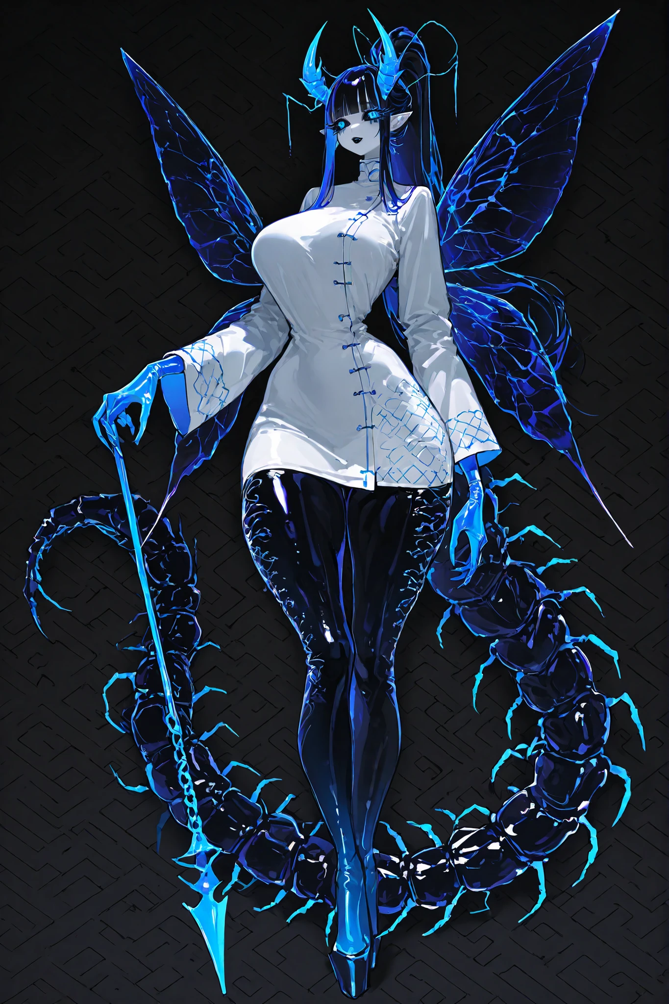 (xxx667_illu,) The monster woman is demon-centipede hybrid.  She has mature bodybuilding: she is tall, has big breasts, a narrow waist ,wide hips, PALE WHITE SKIN. she has a long black centipede tail with harpoon-like sting. She has pointy-ears. She has extra  pair of limbs in the form of black mantis paws. She has dragonfly wings. she has two long jagged horns on her head. she has pitch black hair with indigo blue highlight, slanting bangs and long tall ponytail rubber band. She has expressive glowing blue eyes,black sclera,  black eye shadow with long lashes. She has scarlet red lipstick on her plump lips and she smiles mysteriously. She is dressed in a doctor's costume: white medical robe in oriental style, medical blouse, turquoise capri pants, medical silicone gloves. In the background : is a medical office of demonic hospital, in the room standing an anatomical model of a person, surgical  instruments are on the tables.