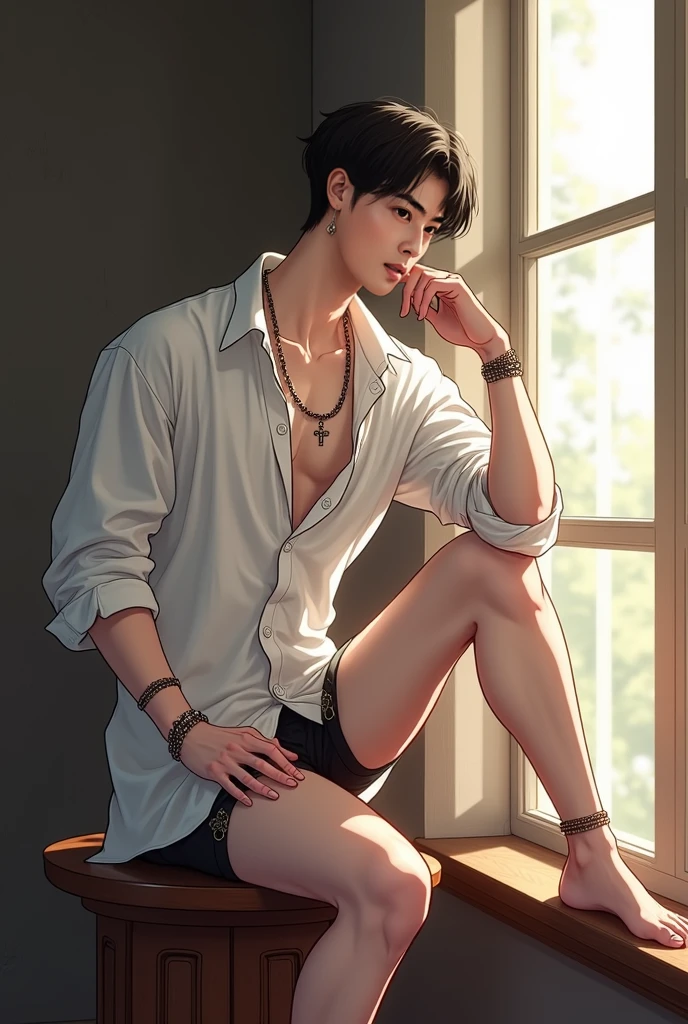 HD quality, high definition, a male escort 20 years old handsome, muscular and slim, red lips, leaning on a table (exposed vagina)) , wearing bathrobe, short hair brushed up, model with bracelets, earrings, with eye glasses, fully nude and naked body, side view, sexy and seductive, ((wet body)), ((exposed Vagina)), full body view, wearing choker necklace, with socks on his feet