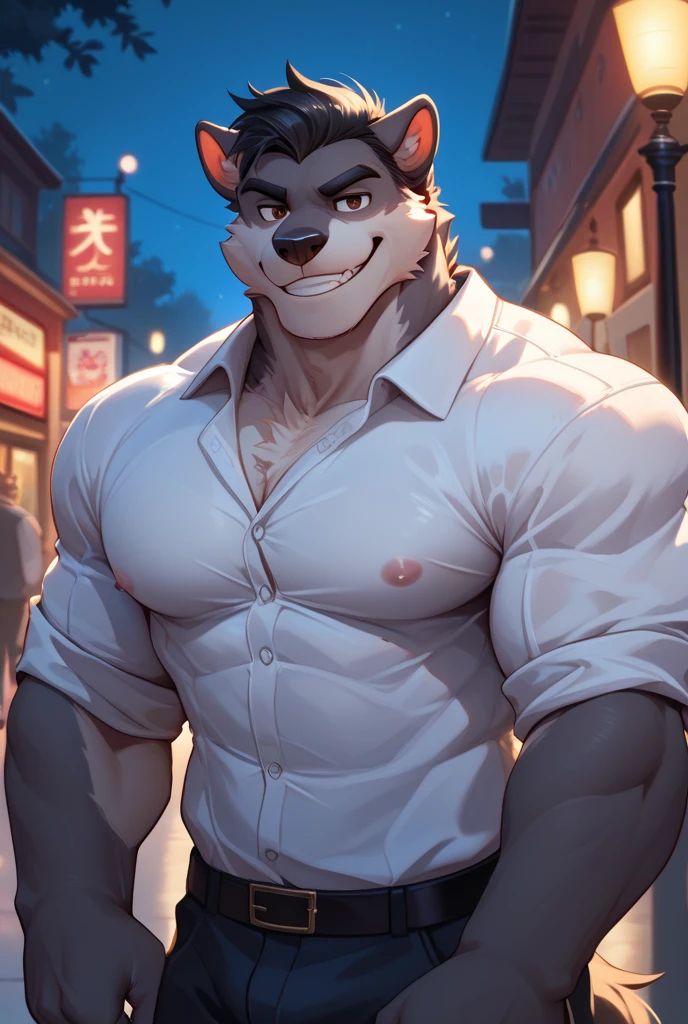 Solo, male, muscular, giant, enormous, buff, strong, massive biceps, massive pecs, canine, great dane, big bulge, by darkgem, by mystikfox61, by glitter trap boy, alleyway, (((wearing a full suit)))
