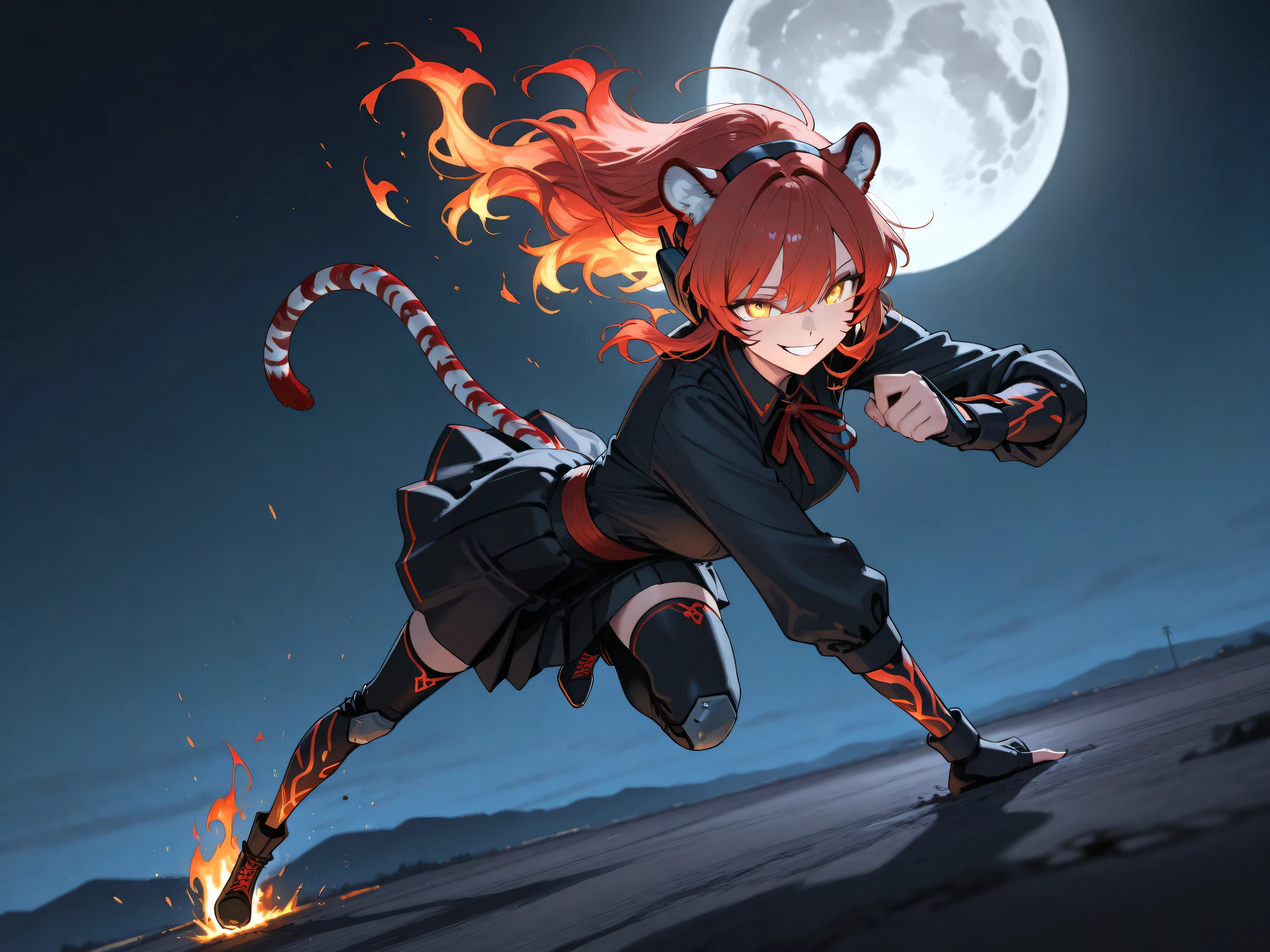 High Quality,realな4K,digital illustration,Tiger,Personalization,womanhood,Red hair,Smile,During combat,dynamic,real,Precise,natural expression,intense movement,flame effect,Full Moon Night,Mysterious Atmosphere,in the dark,professional finish