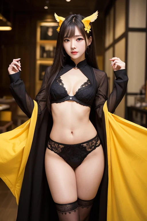 (Very sexy girl wearing sexy ukiyo-e kimono:1.3), lightweight bra, transparent, Black color头发颜色头发,, Black color stockings, lift your butt,Face Camera,Black color, ring, 4K, HD,looking at camera, Almost perfect, dynamic, The contents are very detailed....., brown, sharp focus,glowing skin,camel toe showing thighs!!!、