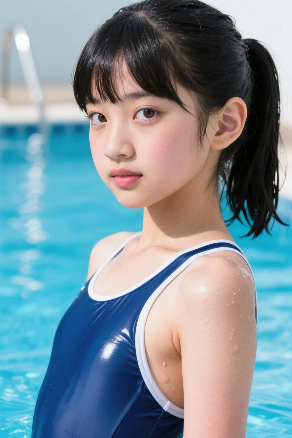 one girl, (a beauty girl, delicate girl:1.3), (12 years old:1.3),((Wet school swimsuit)) (Navy blue school swimsuit:1.3),((Cute pose)) ,Very detailedな明瞭さ, (Symmetrical eyes:1.3), (School swimming pool, indoor:1.3), Small breasts, Brown eyes, ((Twin tails)), Brown Hair, girl,, (Eye and facial details:1.0),, (masterpiece, highest quality, Very detailed, Detailed face, 8k)
