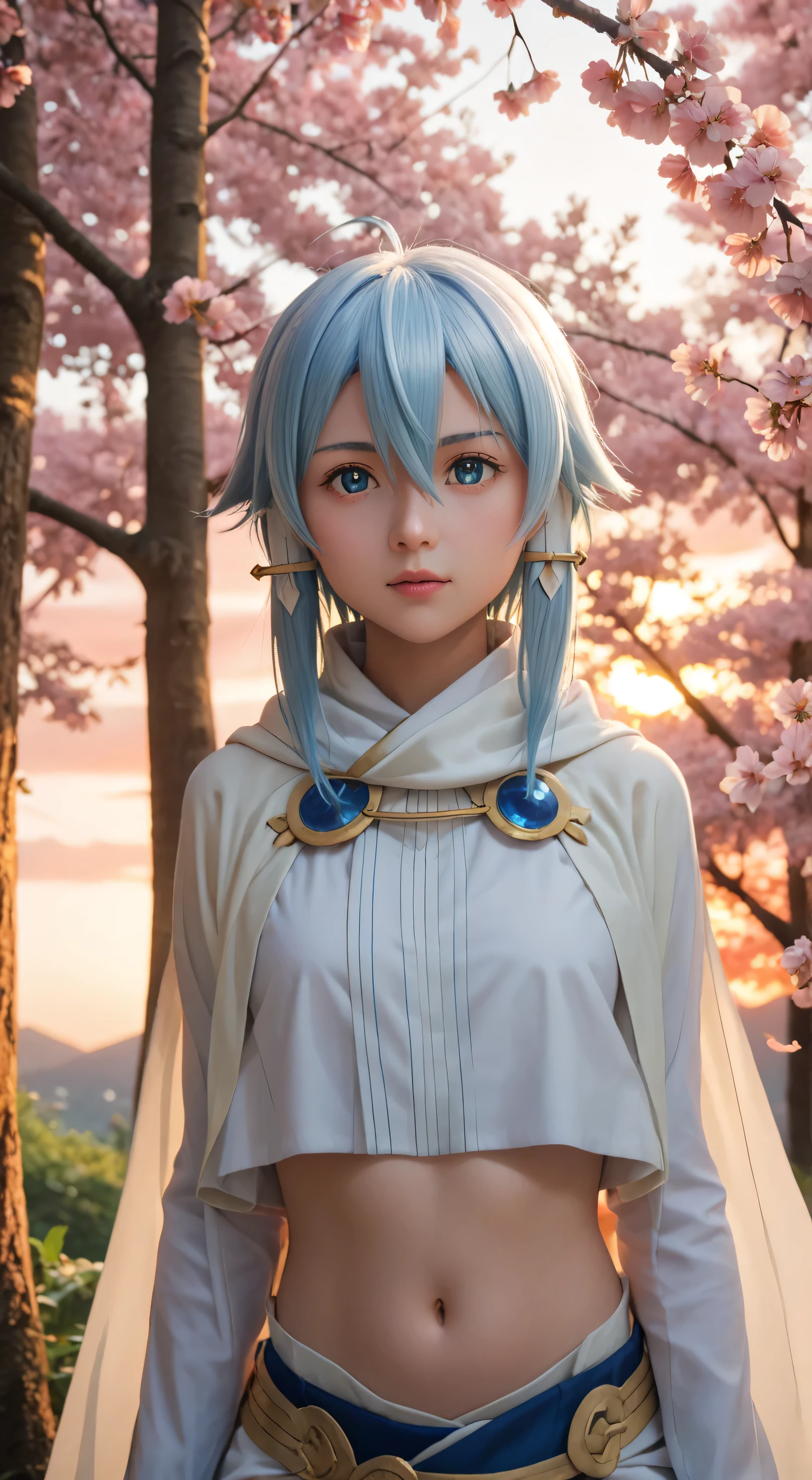1girl, solo,asada shino,blue eyes,blue hair,hair between eyes, short,outdoors,potrait,small breast,nature,sitting under cherry blossom tree,wear white cloak,sidelocks,(sunset lighting:1.5),red sunset,looking at viewer, front view,close up, navel,white scarf