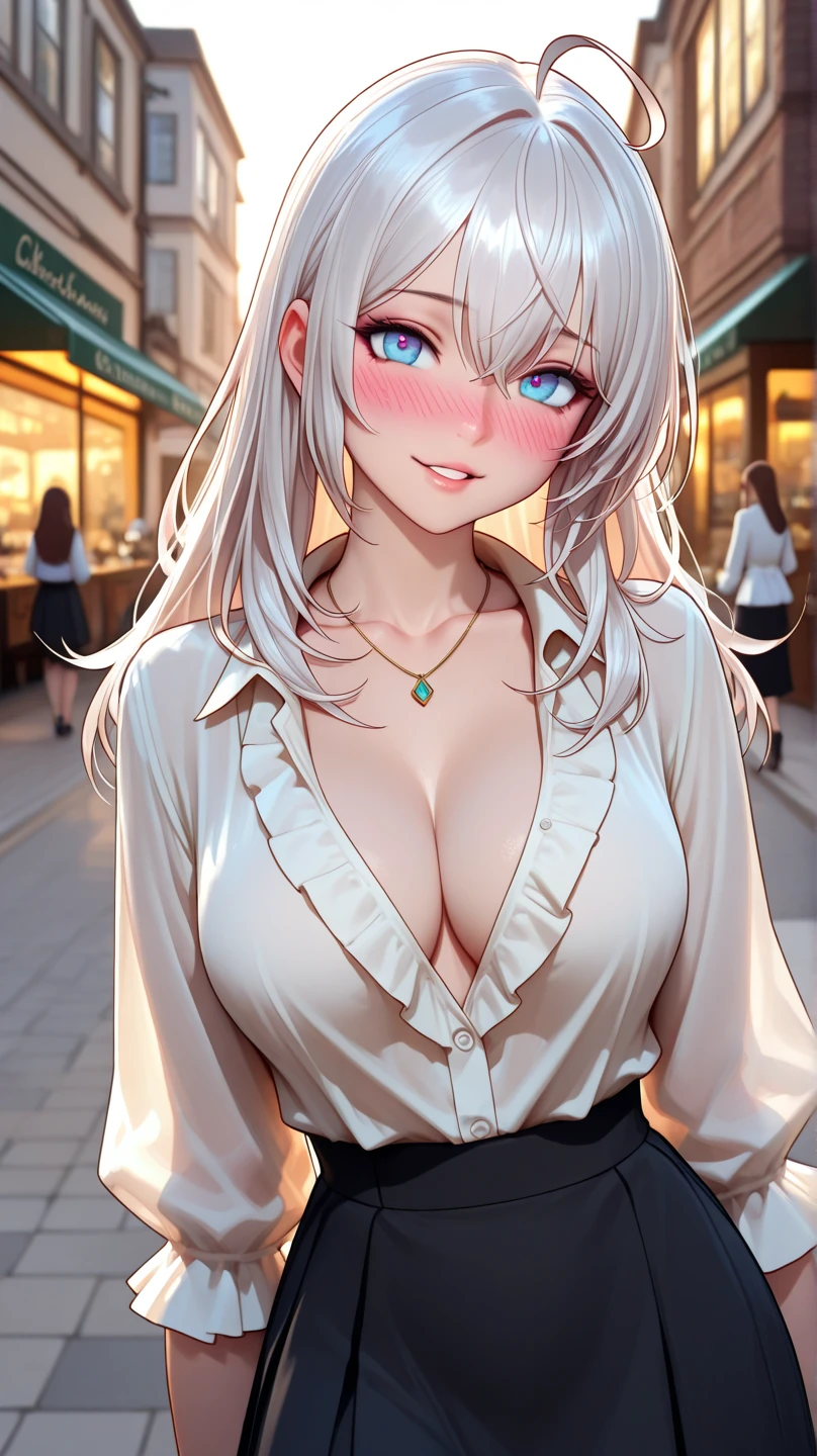 1 girl, sex body, standing, detail, ((masterpiece)), beauty, erotica, breasts, lips, makeup, beautiful face, hands on waist, ((black shirt)), unbuttoned shirt, red eyes, white hair, horse tail, smile, interested, looks at the viewer, background kitchen, night, window, table, stands in front of the viewer, bottom view, pantyhose, skirt, heels, angry