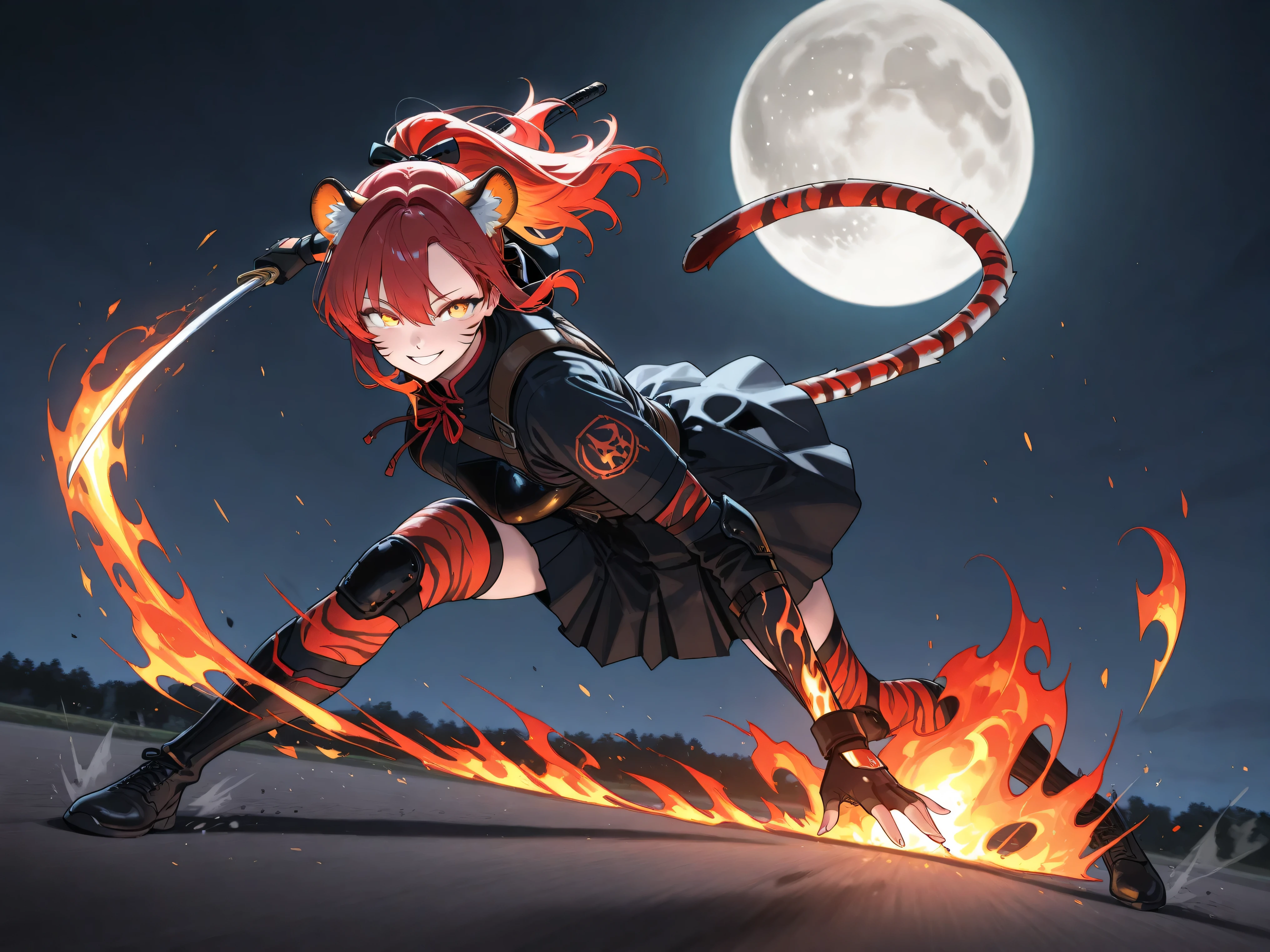 High Quality,realな4K,digital illustration,Tiger,Personalization,womanhood,Red hair,Smile,During combat,dynamic,real,Precise,natural expression,intense movement,flame effect,Full Moon Night,Mysterious Atmosphere,in the dark,professional finish