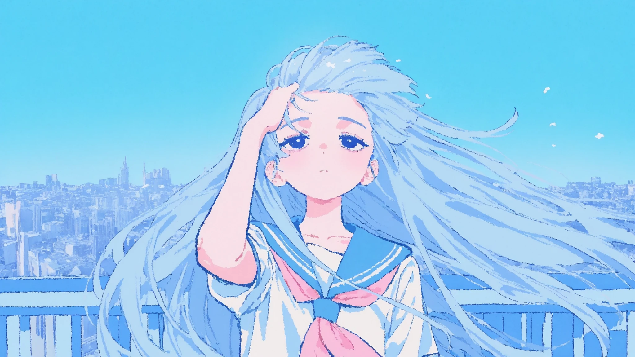 City Pop, School uniform, 1girl, Blue 생머리 소녀, Blue, Room, depressing , dreamy and emotional atmosphere with hair flipping, illustration style, expressionless ,wind,Handing over the hair, cute face, Tired