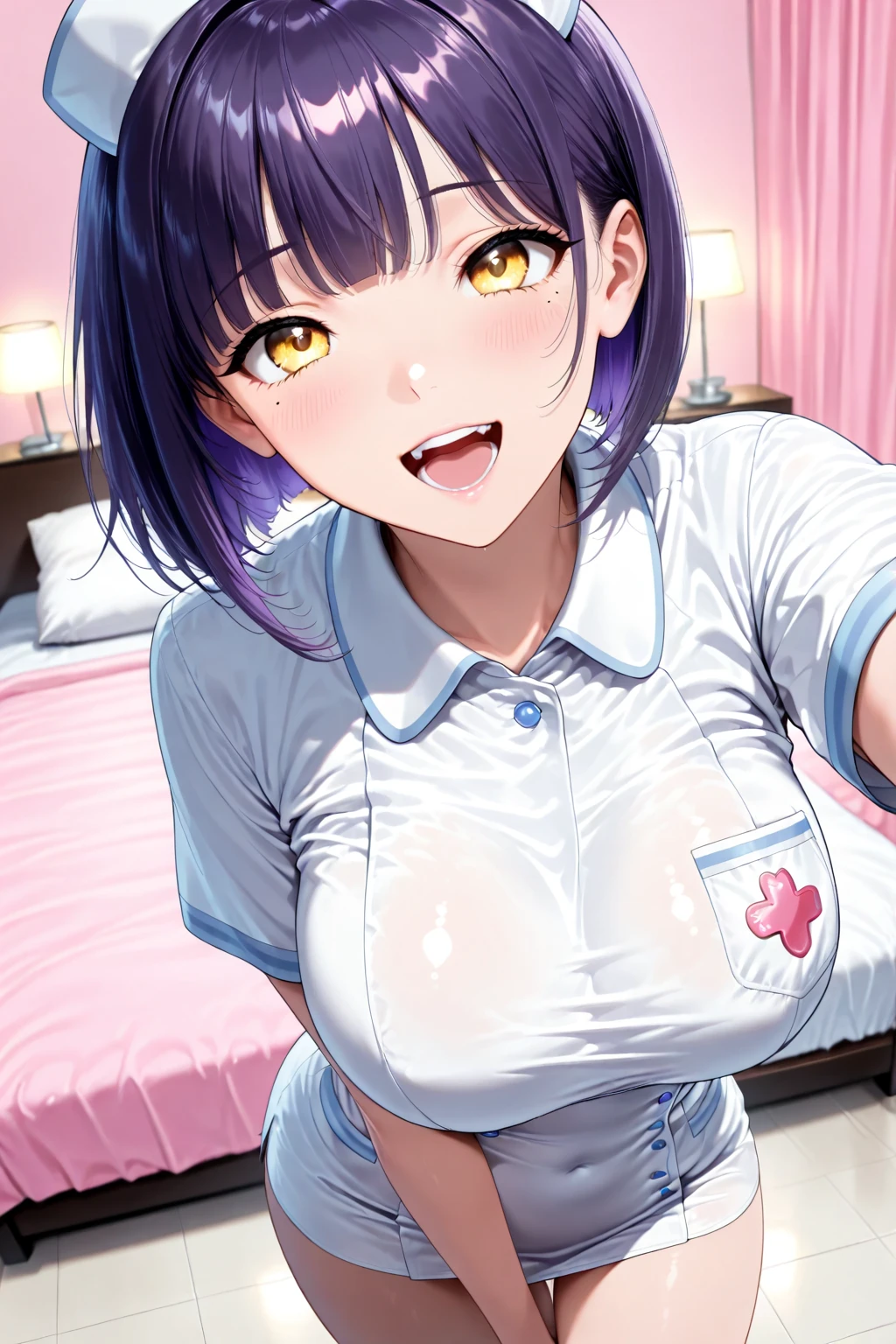 (masterpiece, best quality, ultra-detailed, high resolution, detailed eyes), takeda hiromitsu style, 1 woman(30 years old), (pink nurse uniform), blue hair up, solo, large breasts, showing off nipples, pussy, curvy body, looking at viewer, (blushing:1.1), vibrator, breath, (trembling with orgasm:1.3), (drooling:1.3), squatting, hospital room, (breast milk:1.3), fellatio, hug and suck, pov, heart shaped pupils