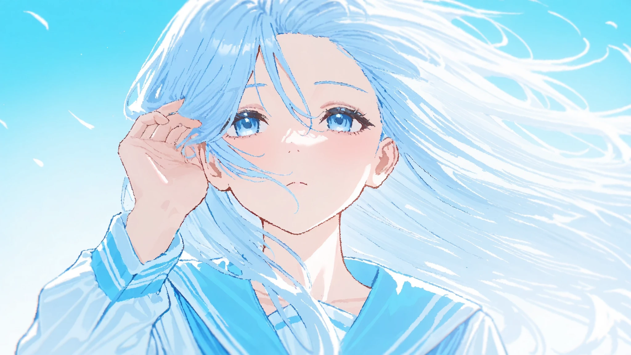 School uniform, 1girl, Blue 생머리 소녀, Blue, depressing , dreamy and emotional atmosphere with hair flipping, illustration style, expressionless ,wind,Handing over the hair, cute face, Greeting hands