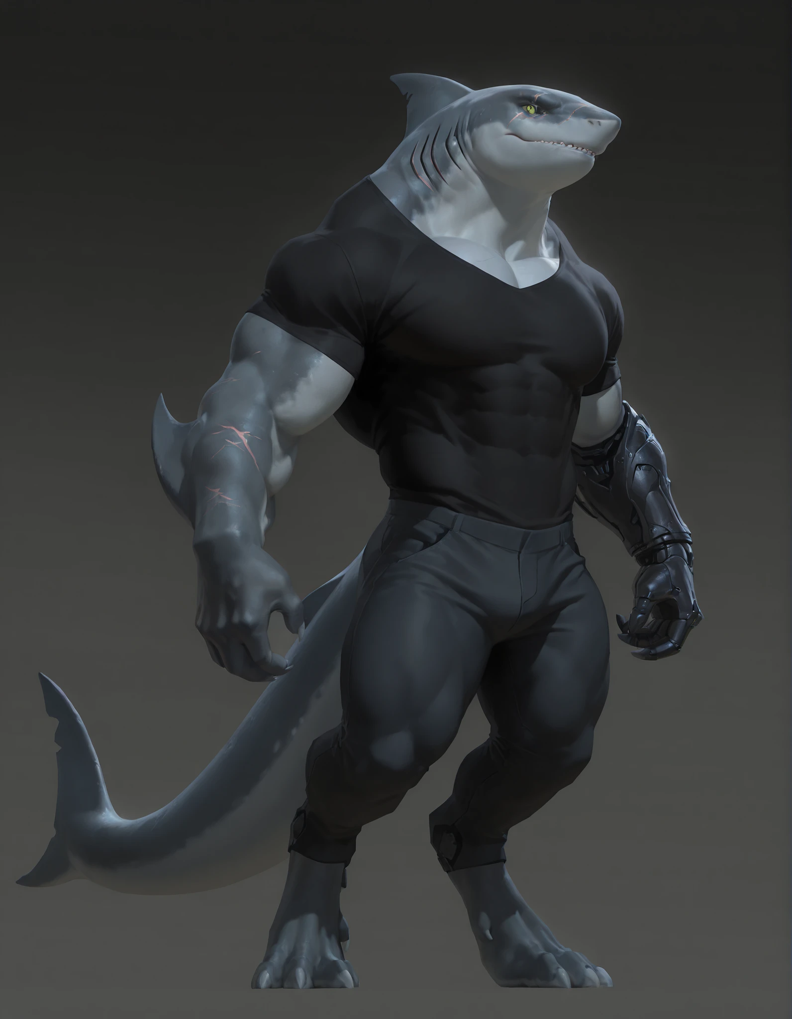 Sharkfolk, bull shark, comic book style, illustration, solo, ferocious, male, standing, mercenary, pants, masterpiece, best art, full body, by laobai, by taran fiddler, by honovy, detailed eyes, detailed body, claws, masculine body shape, fantasy, tall, topless, pecs, pants, belts on chest