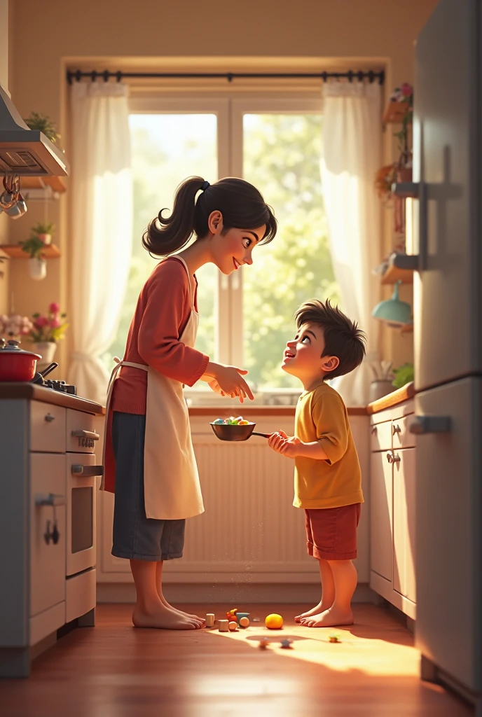 The dancer tells a story to her son at the table, eating more animatedly