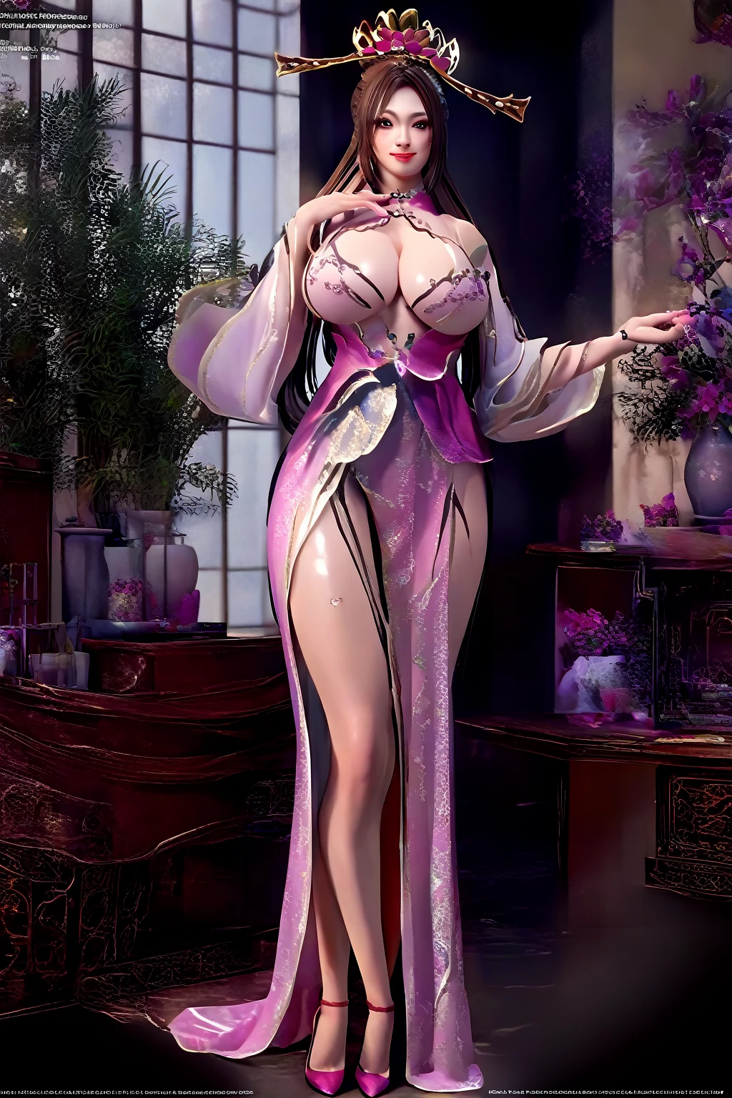 nighttime,full body,Genshin Impact:Raiden Shogun,(((Wearing Fluorescent fabric:harem outfit,Suzhou embroidery technique:Lace sequin cloak woven from feathers))), Fabric Glows, Masterpiece,best quality,extremely detailed 3DCG, Cinema-4D ,8k,Photorealistic, ( ##tattoo ##,tattoo, ~+ tattoo), (erfect female curves, huge stacked breast and proud cleavage),(A seductive gaze), Facing the camera, Pink lips,Blacklight lighting,