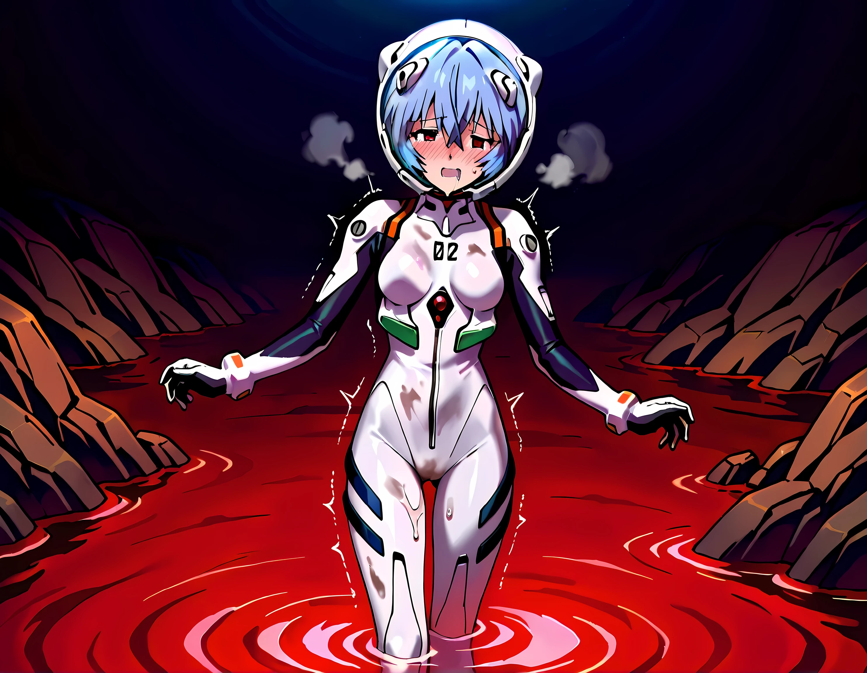 solo,super detail eyes, perfect face, Best Quality, extremely detailed face, perfect lighting, extremely detailed CG, perfect hands perfect anatomy, evangelion art style, White plugsuit, skintight, tight fit, small breast, Rei Ayanami, red eyes, blue hair, Short hair, cute face, lovely face, white-skinned pretty girl, Short stature,Mass sweat,covered in sweat,steam, wet_skin, sweatdrop, A huge amount of tears, I even have a runny nose, Drooling from the mouth, Sweating profusely, Wrapped in steam, Tired look, bleary eyes, Open your mouth, Half-closed eyes,rough breathing, Heavy Breathing, wince expression,struggling for breath,blush, walking, , wading, muddy swamp, dirty costume,trembling effect motion lines, wet crotch, squirt love juice, (eva helmet,full face helmet, White helmet,glass helmet, face visible through helmet, space helmet, PLUGSUIT HELMET:1.1), ,