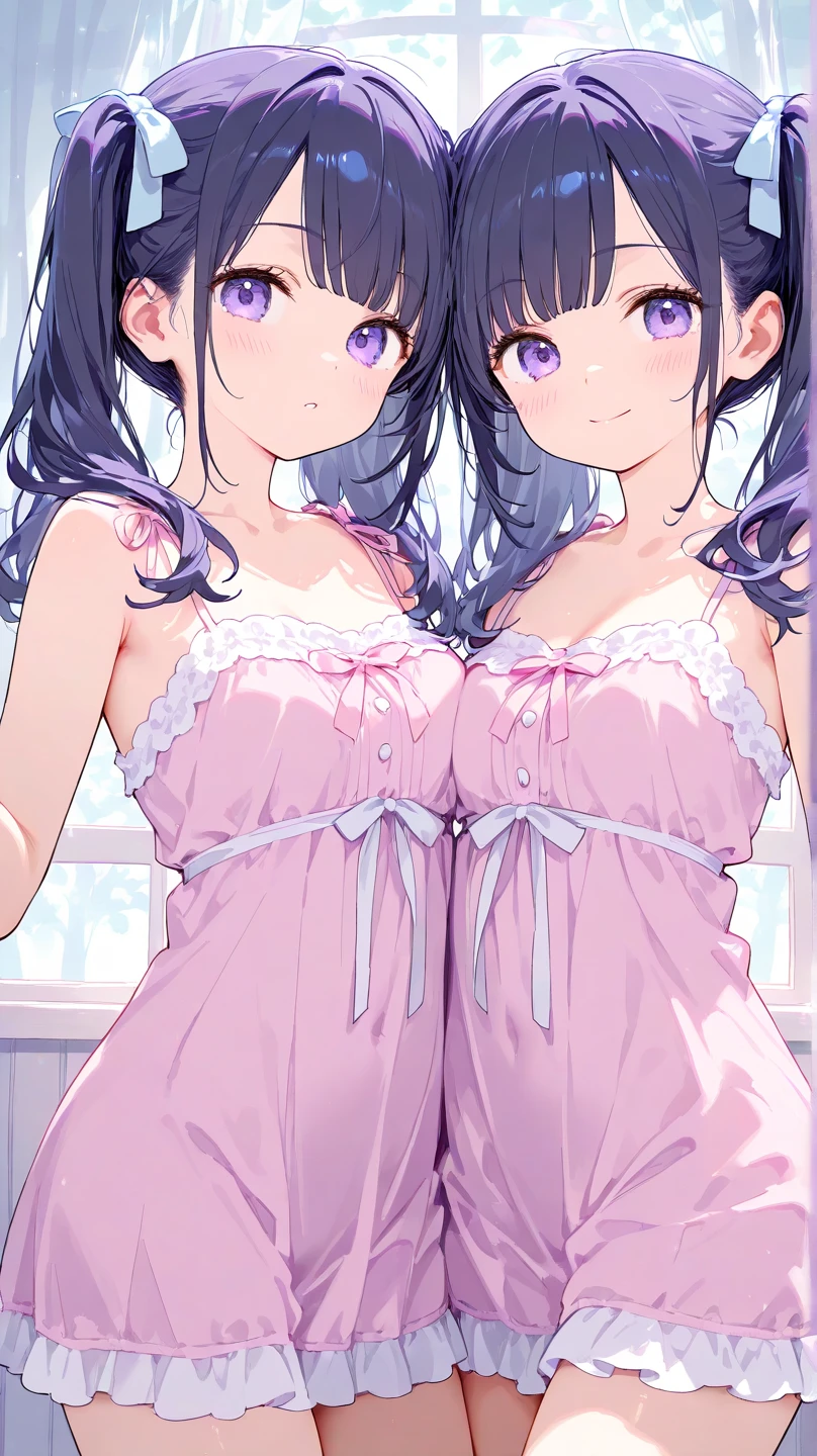 Hands Behind Back,Tied with hands behind back,lick,open mouth,tongue out,cum on tongue,front face,from front,front view,looking at viewer, looking ahead,from above,cowboy shot,2girl,twins,Beautiful 11 year old girl,Japanese,Slender,,low length,Small breasts,Thin legs,Small Ass,Baby Face,Small face,Black Hair,one side up,Gray Eyes,Drooping eyes,Round eyes,middle School girls,A see-through black and purple negligee,lingerie,Collar with leash,Kneeling,Straight Stand,Beautiful and detailed anime art,I'm in love,Desire expression,crave,Sexy vibe,Dimly lit room,On the bed,Simple Background,Gray background,Low lighting,
