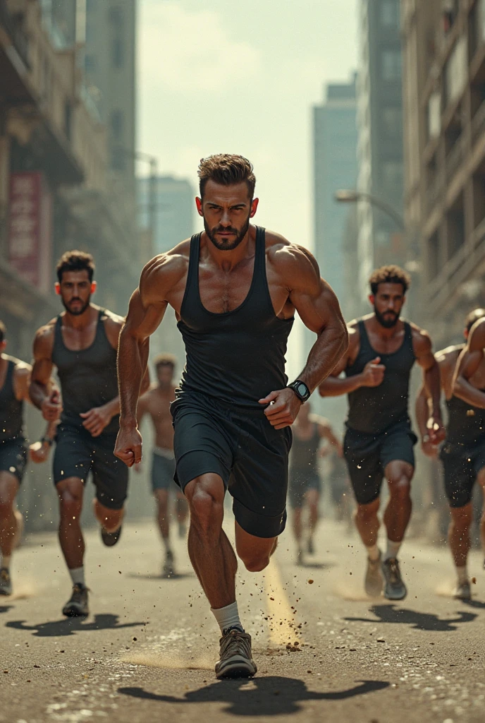 raw photo, a group of muscular, shirtless age 20s middle eastern men jogging along a scenic trail surrounded by desert mountains. the sun is setting behind them, casting a warm glow over their toned bodies. they are all wearing matching grey tight running shorts, their hair blowing in the gentle breeze. ((camera angle at waist height)), ((vibrant colors)), ((natural light)), ((crisp focus)).