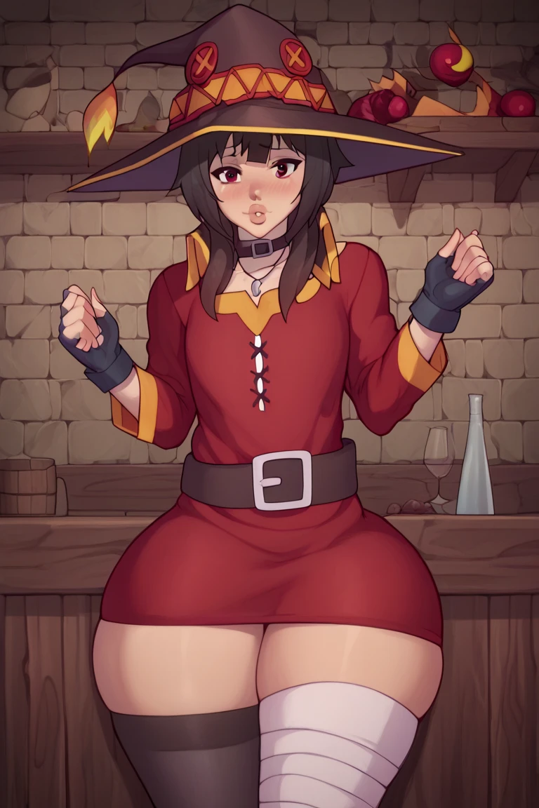 Megumin, magical explosion, fiery red hair, detailed eyes, staff in hand, confident and determined expression, black cloak billowing in the wind, intense battle pose, arcane symbols glowing, majestic background, sparks and flames, vibrant colors, high contrast, dynamic lighting, anime style, (konosuba), shamale, futa, down shot, frontal, sin calzones, penis, dick al aire, rostro perfecto, obra maestra, perfect dick, big dick, big boobs, big ass, perfect testicles, big ball's