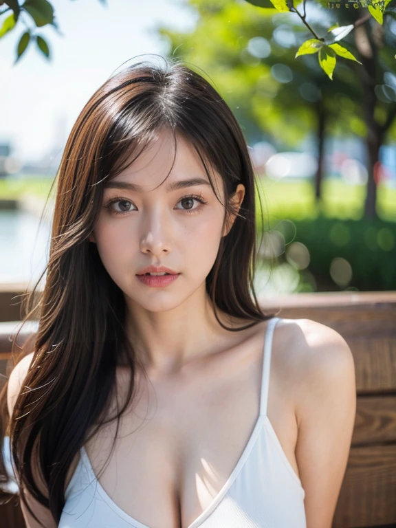 masterpiece, best quality, ultra-detailed, extremely detailed, 4K, 8K, best quality, beautiful, bokeh feeling, a pretty woman, japanese woman, solo, office, building, (short sleeve shirt), (highlights hair), beautiful brown eyes, long hair, large breast, (the look waiting for a kiss), exposed cleavage, almost showing bra, (seductive pose),