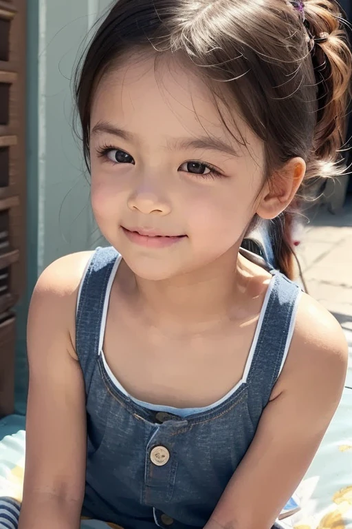 (A photo of your face:1.25), 6 years old, (Baby Face:1.4), (Round face:1.4), One Japanese woman, beautiful girl, Pretty face, (View your audience), (Standing facing the camera), (smile), (Beige tank top)、(Pure white background:1.2)、Mouth closed