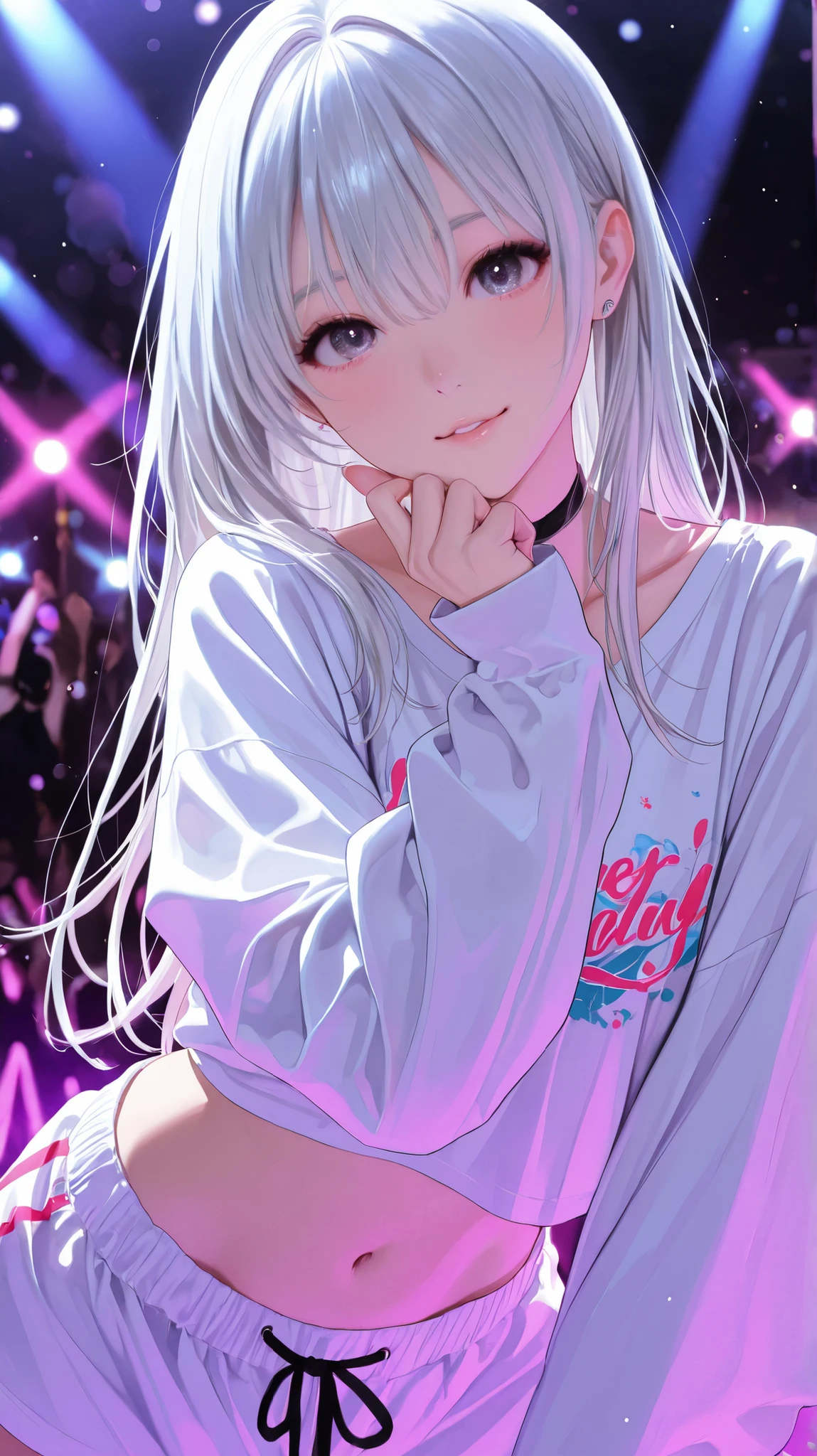 One girl、long silver hair、Street dance style clothes、I'm having sex with a guy in oversized clothes、A stage with beautiful illuminations、Street dancers 、night、nightの街、Intense dancing