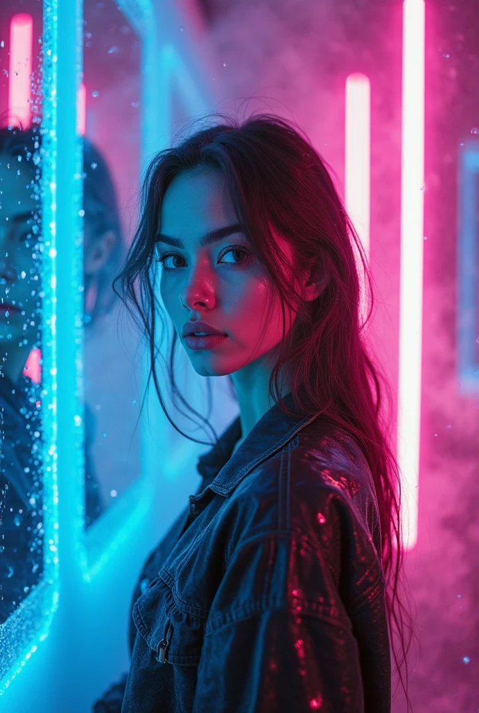 A beautiful young woman with an intense gaze directly into camera ...