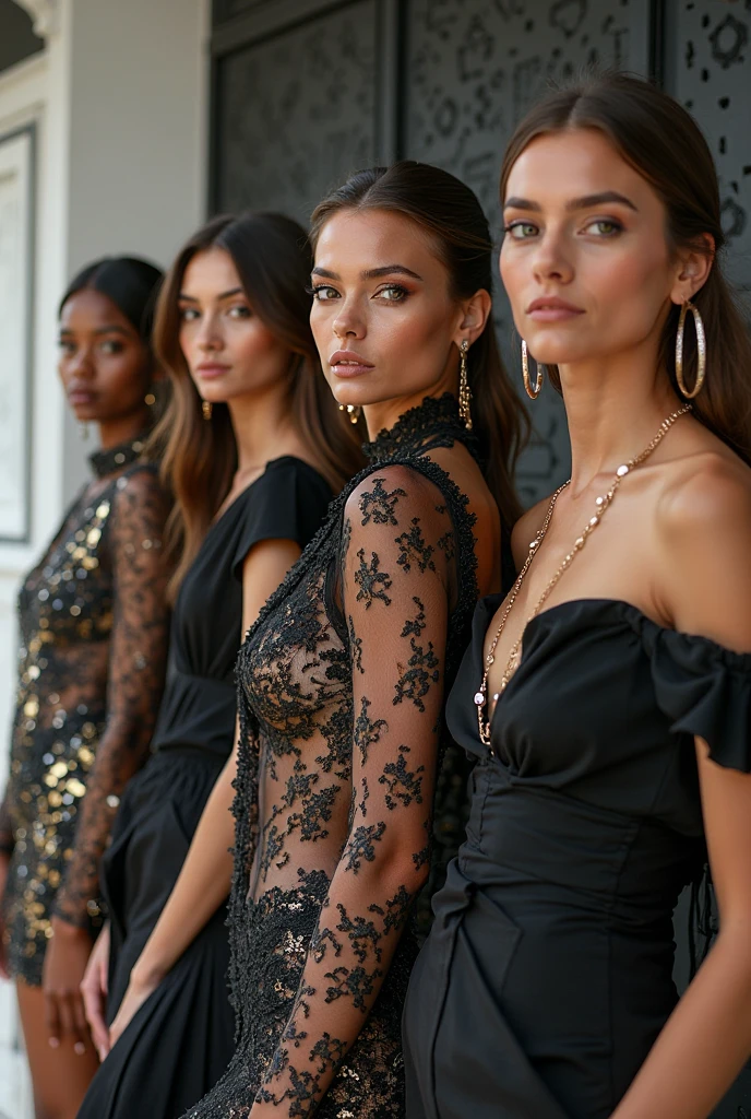 **A stunning four beautiful female walking the step into the Met Gala with higheels, photorealistic and glamour