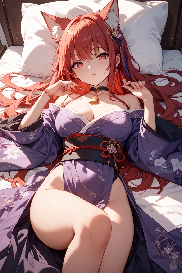 score_9, score_8_up, score_7_up, score_6_up, score_5_up, score_4_up, yu hee, golden eyes, red hair, long hair, thigh, bare sleeve, bright smile, lie, golden eyes, Chinese underwear, traditional underwear, red Yukata dress,