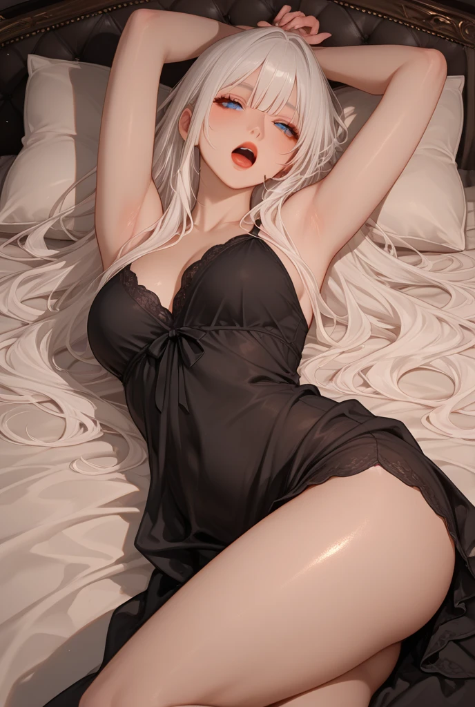 {-erro_de_anatomia:1.0}Moonlit night, sexy elf young belly dancer, very big breasts, white liingerie, sexy see-through underwear with lace, Beautiful Women, happy face, gray hair, lying on the bed,lying on your bed, backwards, Looking back. Very sexy, with chin resting on shoulder, 1 girl