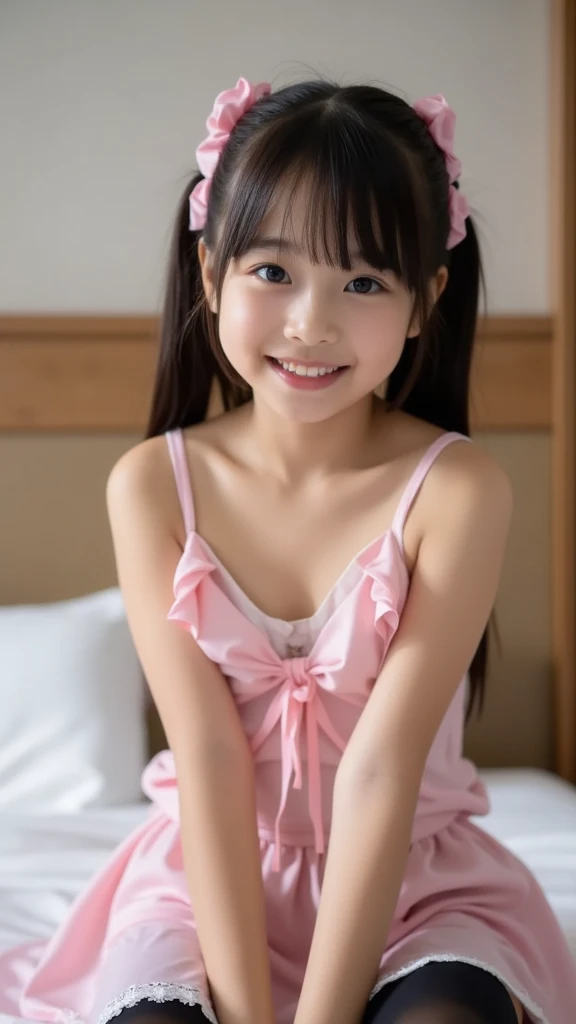 Japanese,Beautiful girl at 6 years old:1.85,Baby Face:1.85、Ultra-flat chest:1.85、Ultra short height、An innocent smile,cute,Primary school students,Private elementary school uniforms,Summer clothes,Lean over and look into:1.85、clavicle、On the bed、On all fours