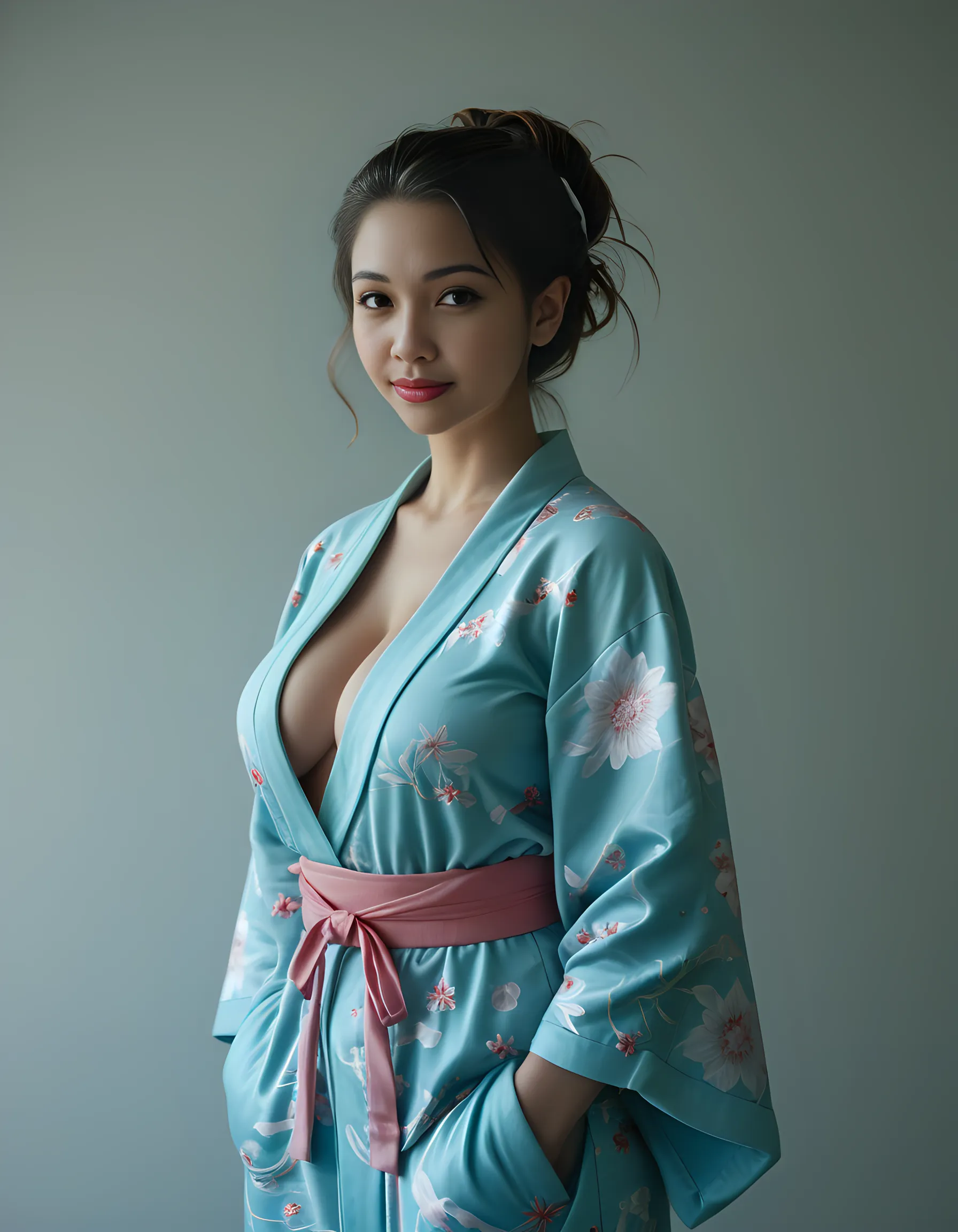 Ultra realistic 8K CG, Picture-perfect face, flawless, clean, masutepiece, Professional artwork, famousartwork, Perfect face, Beautiful face, Beautiful eyes, ((Perfect female body)), Solo,(Immersive atmosphere, Chiaroscuro:1.5,Bright light:1.2,Luminous lighting) ,,(blush:0.5),fascinated expression,Extremely detailed_Eyes,thick thighs, 25 year old Indian girl, Face like Rakul Preet Singh, beautifullydetailedbackground,depth of fields,Realistic:1.3, longshot, (((Random Color Printed Silk Kimono))), Sitting, Beautiful face, Beautiful body, Beautiful dress, Full body, (ambient lights:1.3),(Cinematic composition:1.3),(Neon light:0.1),(nffsw:0.1),Accent Lighting, nffsw, Highly detailed, Hyper realistic,(((cleavage)))
