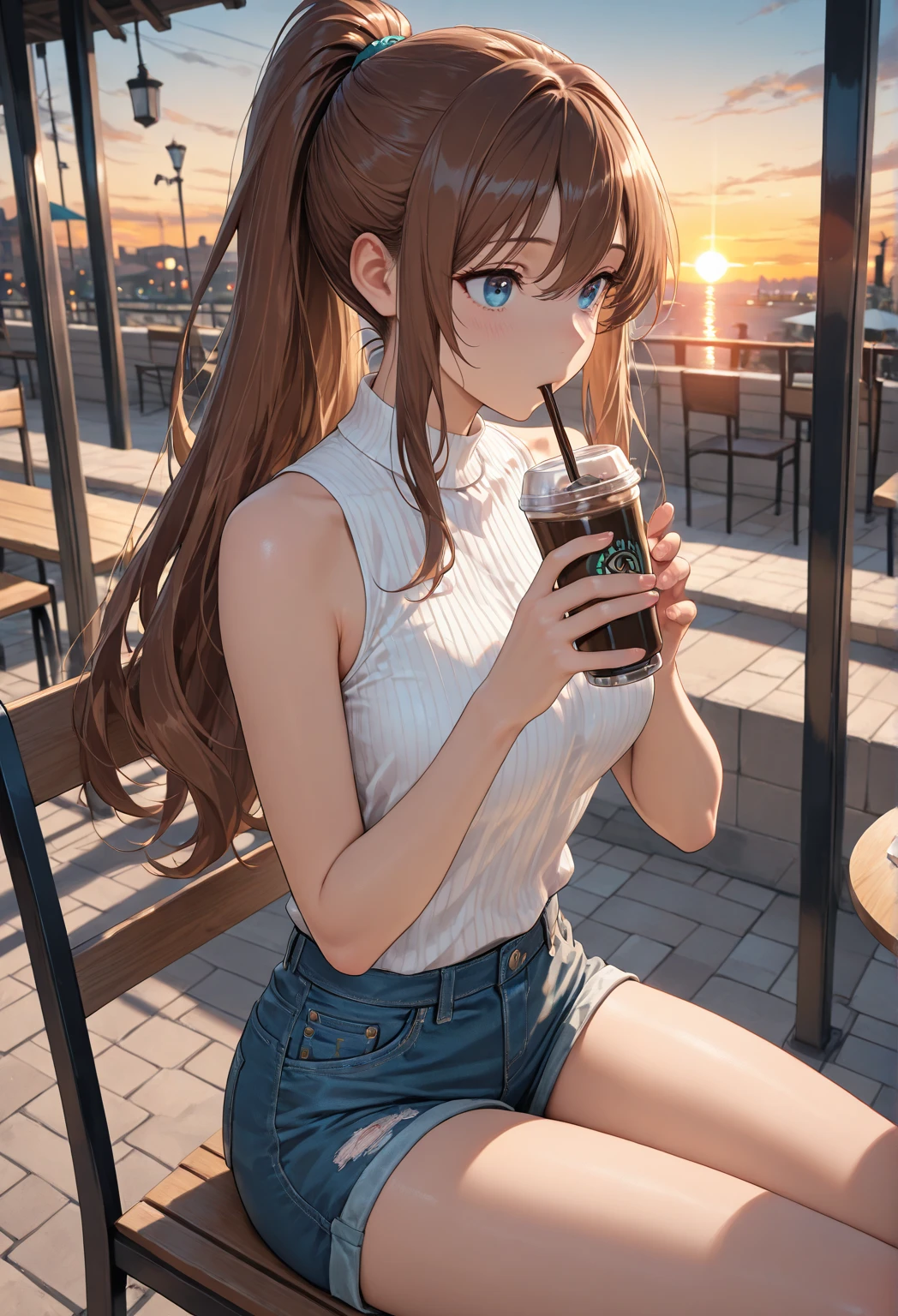 1girl, drinking juice, sitting on a park bench, sweaty, hot, sunlight, 1woman, long hair, brown hair, brown eyes, cabin attendant