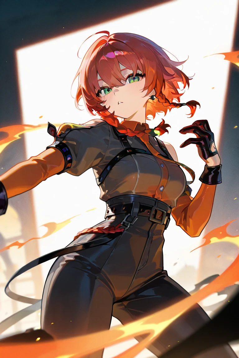 <lora:Rnatin:0.75> Rnatin, glowing, glowing eyes, green eyes,, ultra detailed, masterpiece, best quality, aesthetic, detailed,, solo, frown,
1girl, red eyes, <lora:Tsurime3:1>, (tsurime:1.2), (brown hair:1.3), medium hair, (asymmetrical bangs, swept bangs, cowlick:1.35), flipped hair, <lora:foldedponytail:0.8> foldedponytail, folded ponytail, (small breasts:1.3),, fingerless gloves, shimenawa hair tie, sleeveless turtleneck, crop top, groin, (shimenawa:1.3), (shimenawa sash:1.3), (overskirt:1.2), shorts, flats, bandages, bandaged arm, bare legs, navel,