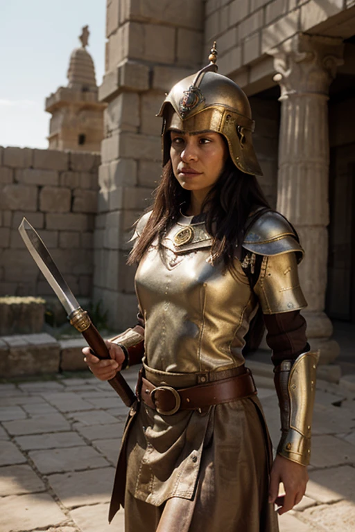 (medium full shot) of  (noble roman soldier) young woman, iberian with wavy black hair, dark brown eyes, tan skin, athletic build,            praetorian, wearing Attic helmet with transverse crest, lorica hamata, purple tunic, leather belt with scabbard, iron greaves, caligae, holding spatha with jeweled hilt , laughing, arms crossed,  set in ancient roman empire era,  Logging Camp, temporary settlement with log cabins, lumberjacks at work, oxen pulling carts, stacks of felled trees, a rudimentary mess hall , at night, Masterpiece,best quality, photorealistic, amazing quality, very aesthetic, extremely detailed face,