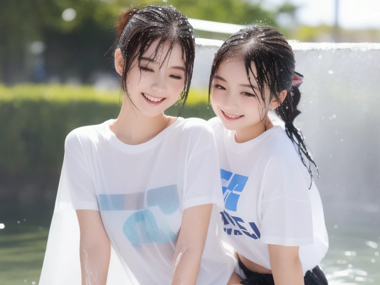 cute, two girls, elementary school students, , black hair, ponytail, school track suit, white short sleeves, blue shorts, innocent smile, (shiny skin), big bust, ((no bra)), (((no underwaer))), ((see-nipple)), ((see-pussy)), (((wet))), (((see-through)))