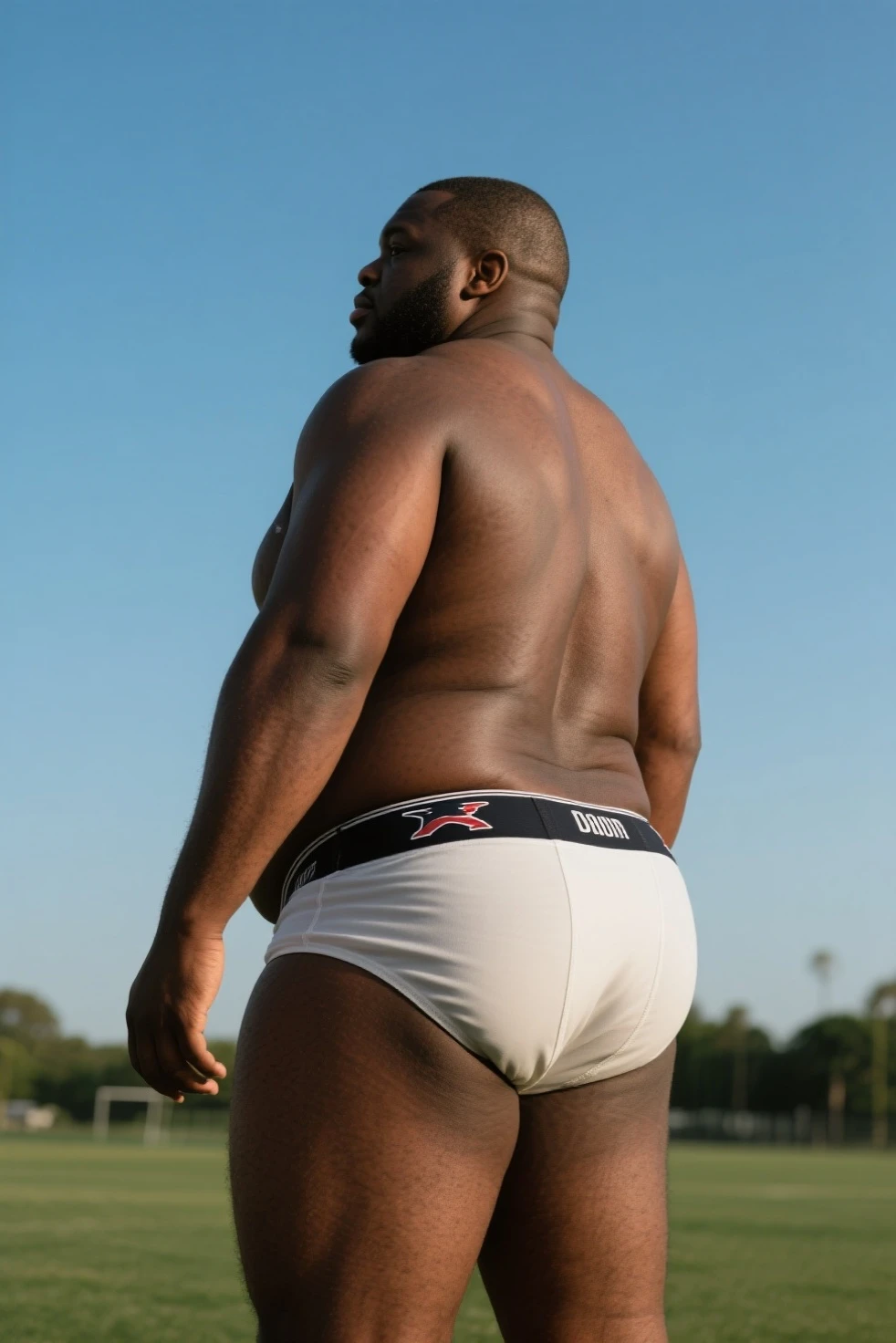 Big strong hairy mixed race man, showing laughing posing as a model, wearing underwear printed with the Nicaraguan flag.