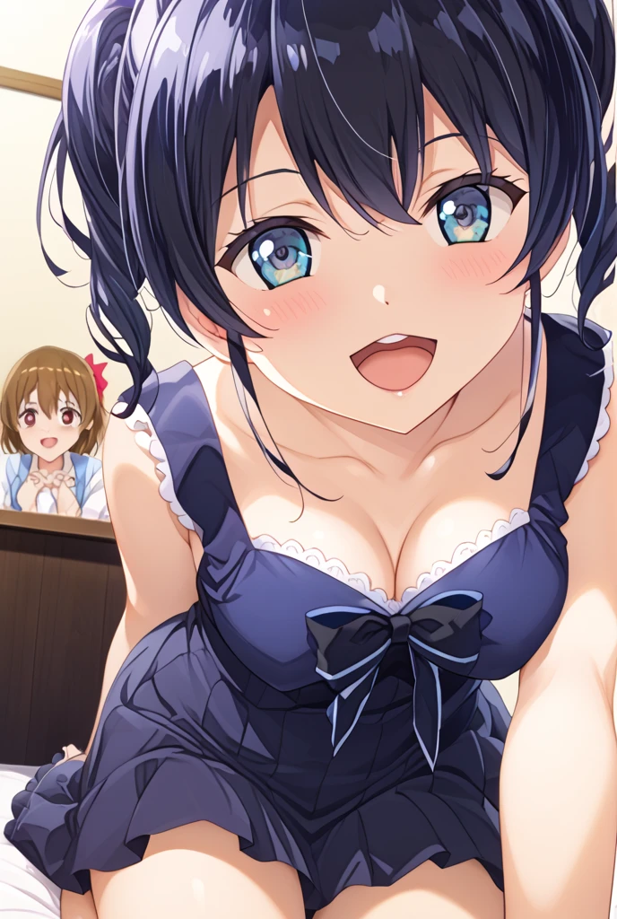 2girls, 1boy, pov, penis between the breasts, breasts squeeze together, comedy,  big sister walk in, walk in , me and my girlfriend getting caught titfucking in room, comedy situation, hilarious reaction, sweat, getting caught up by little sister, comedy, hilarious scene, cleavage