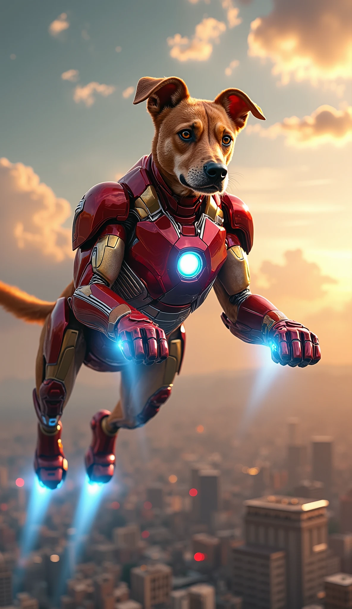 A dog in a full Iron Man suit, flying through the sky in natural dog form with all four legs extended in a soaring position. The entire body is completely covered in metallic red-and-gold Iron Man armor, including a sleek helmet that fully covers the face with glowing blue eyes in the mask. The chest features a bright glowing arc reactor, and each paw has repulsor lights emitting powerful blue energy beams, leaving radiant trails as the dog flies. The armor is ultra-detailed with realistic metallic textures, reflections, and sharp edges, designed to fit a canine body. Background shows a dramatic cinematic sky with glowing clouds, sunlight beams, and a futuristic city below. Ultra-realistic, highly detailed, HD image with epic superhero atmosphere.
