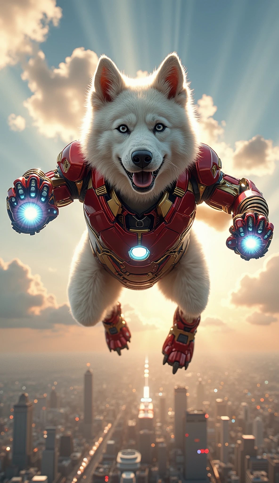 A white husky dog in a full Iron Man suit, flying through the sky in natural dog form with all four legs extended in a soaring pose. The entire body is fully covered in sleek, metallic red-and-gold Iron Man armor, with a glowing blue arc reactor on the chest and bright repulsor lights on each paw. The husky’s face is completely hidden behind a detailed Iron Man mask with glowing blue eyes. The suit is ultra-detailed with realistic metallic textures, reflections, and battle plating, perfectly fitted to the husky’s canine shape. Repulsor beams shine from the paws, leaving radiant energy trails as the dog flies. Background features a cinematic sky filled with glowing clouds, sunlight rays, and a futuristic city below. Ultra-realistic, highly detailed, HD image with epic superhero atmosphere