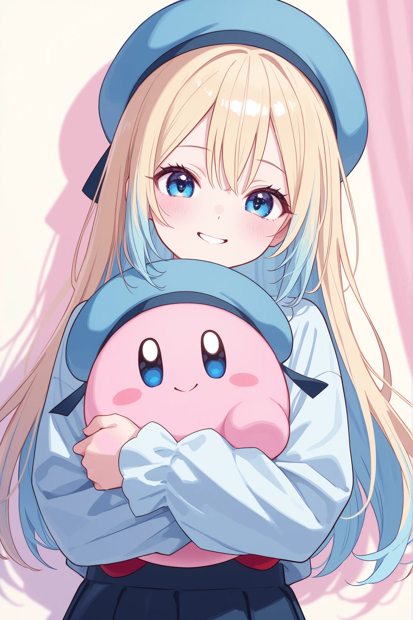 A cute girl wearing a light blue beret、 She is smiling and holding a Kirby plush toy tightly to her cheek.。The 、Big Sparkling Blue Eyes 、soft pastel colors、 Subtle gradation shadows、 Carefully drawn hair textures、Thin and elegant line drawings。 has a delicate and gentle atmosphere like the cover of a Japanese light novel、Natural highlights and shadows。 The facial expression is lively and adorable、The background is plain and simple。