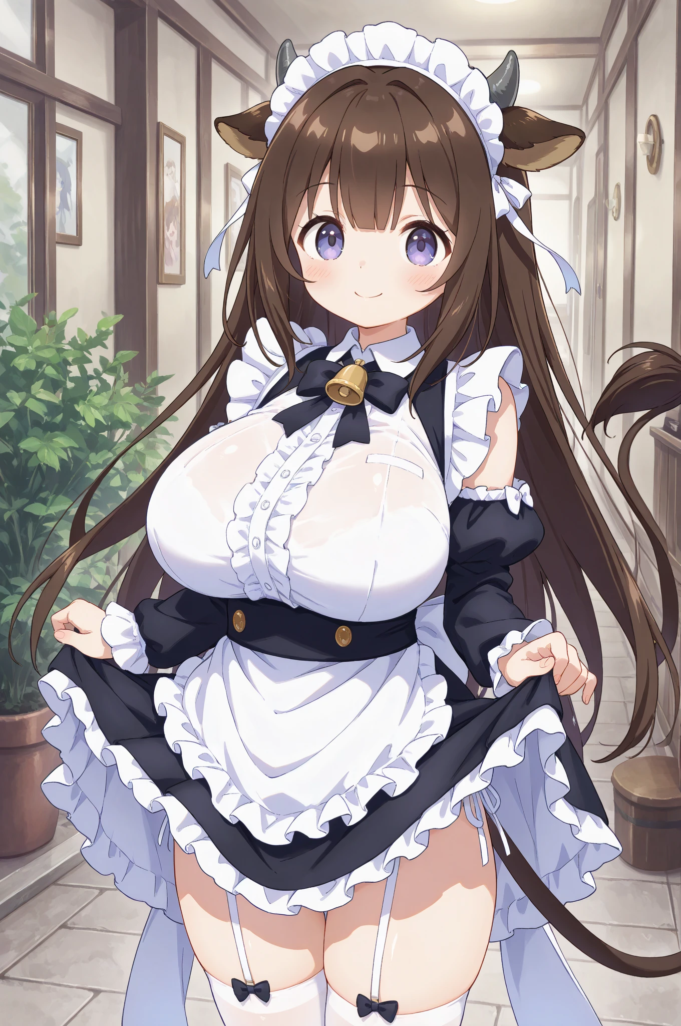 (masterpiece), best quality, 1girl, (huge breasts:1.2), cleavage, (white fur:1.2), furry girl, rabbit girl, (brown hair:1.2), rabbit ears, blue eyes, animal_ears, (maid outfit:1.2), sleeveless, looking at viewer, standing, indoors,
