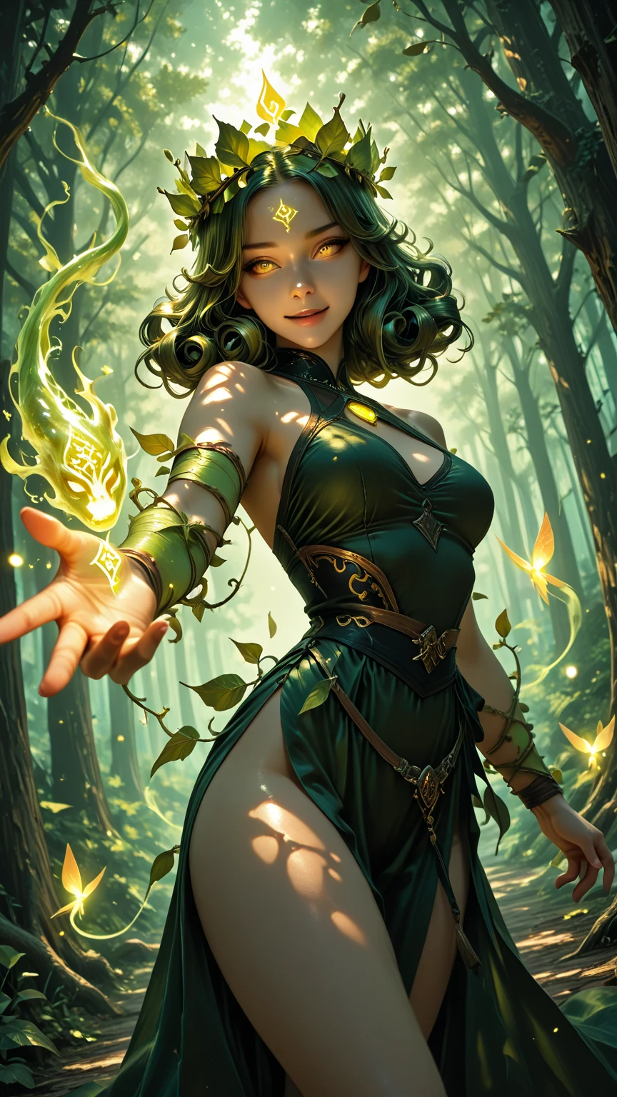 high details, best quality, 16k, [ultra detailed], masterpiece, best quality, (extremely detailed), drkfntasy,  tanjoreai, dynamic angle, ultra wide shot, RAW, photorealistic, fantasy art, realistic art, a female elf druid  (intricate details, Masterpiece, best quality: 1.5) in a jungle, a female elf wearing leather clothes  intricate details, Masterpiece, best quality: 1.4), leather boots, thick hair, long hair, brown hair, intense blue eyes, vibrant jungle (intense details), plenty of plant life, vines coming from trees,  many jungle trees (1.3 intricate details, Masterpiece, best quality), vines, a river flowing, sun light, dynamic light. dynamic angle, (intricate details, Masterpiece, best quality: 1.5) , 2.5 rendering, high details, best quality, highres, ultra wide angle