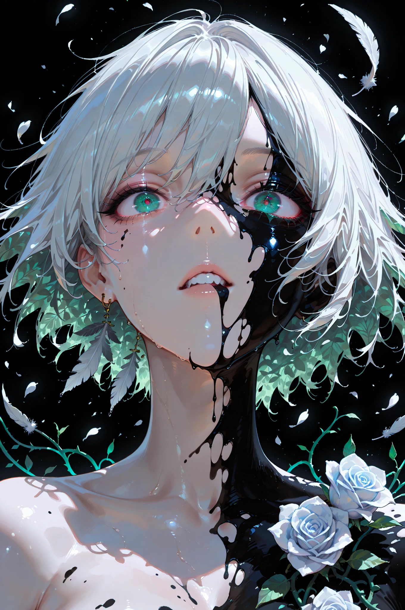 masterpiece, best quality, amazing quality, very aesthetic, high resolution, newest, hyper-detailed,mosaic, abstract, dynamic pose, split theme, ink splatter, leaves, vines, feathers, floating petals, lineart, sketch, roses, portrait, horror