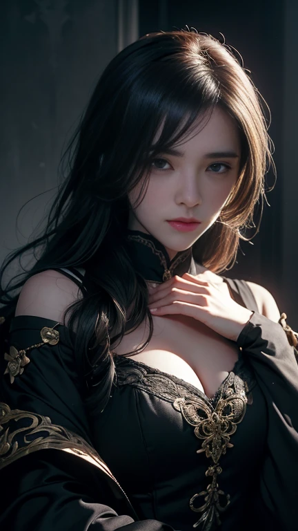 (Fatal Beauty,A charming villain,witch) ,(A supple and powerful physique),(Sensual charm),(Mysterious charm:1.1),(Captivating silhouette),((((Glasses))))、((((big sapphire necklace))))、(Highest quality,High resolution:1.2),(dark,Threatening:1.1),((dark horror theme:1.5),(Thriller:1.5)),(Dark fantasy:1.5),  (((Countless stars fly away:1.5),(Absurd:1.5),(wonderful:1.5))),Woman in a dress, (Powerful numbers:1.1),(((Big Breasts))),(((Muscular:1.1))), cute face, Sexy Face, , Very detailedなbeautiful女の子, (Ideal body type:1.8), Very detailed faceexpressive lips, (Very beautiful、Crisp big eyes:1.5), Fine skin., All features are shown in detail., The outline of the fingers is beautifully drawn....., The nose is precisely shaped., expressive lips, Perfect Anatomy,cute、Realistic、(Front view:1.4),(Face Focus:1.3), realistic girl rendering, 8k artistic german bokeh, Enchanting girl, Real Girls, Gurwitz, Gurwitz-style artwork, Girl Roleplay, Realistic 3D style, cgstation Popular Topics, 8K Portrait Rendering,(truth，truth：1.4),Sexy Body,( Very lean body:1.6),Sexy pose, blush, Attractive body, Very curled hair, Purple Curly Hair, very big hair, Very curled hair, prime color,Urban,Very detailed,masterpiece,Intricate details,Faded,Very detailed, Eye for details,Intricate details,Dark and eerie atmosphere,  Spiritual Beings, Unforgettably beautiful, Ghostly figures, Shadow-like shape, Spooky whispers, Ominous Aura, Goth Maiden,  Like dazzling fur in a starless haze,Her Mogul Snaps, Mysterious Cemetery,Black hair swaying in the moonlight, She summons darkness, (beautiful: 1.7), (Black Hat: 1.6), (An intricately decorated jet-black cloak: 1.6), (Delicately decorated cloak, Despite the damage: 1.5), Hypermaximalist,  Breathtaking oil paintings, Surreal, Ultra-realistic digital illustrations that mimic the style of oil paintings, wonderful構成,  (Shining Eyes:1.6)、(Glowing Eyes:1.1),(hellish landscape:1.1),(fire,sulfur:1.1),(Threatening atmosphere:1.1),(dark shadows,Threatening p