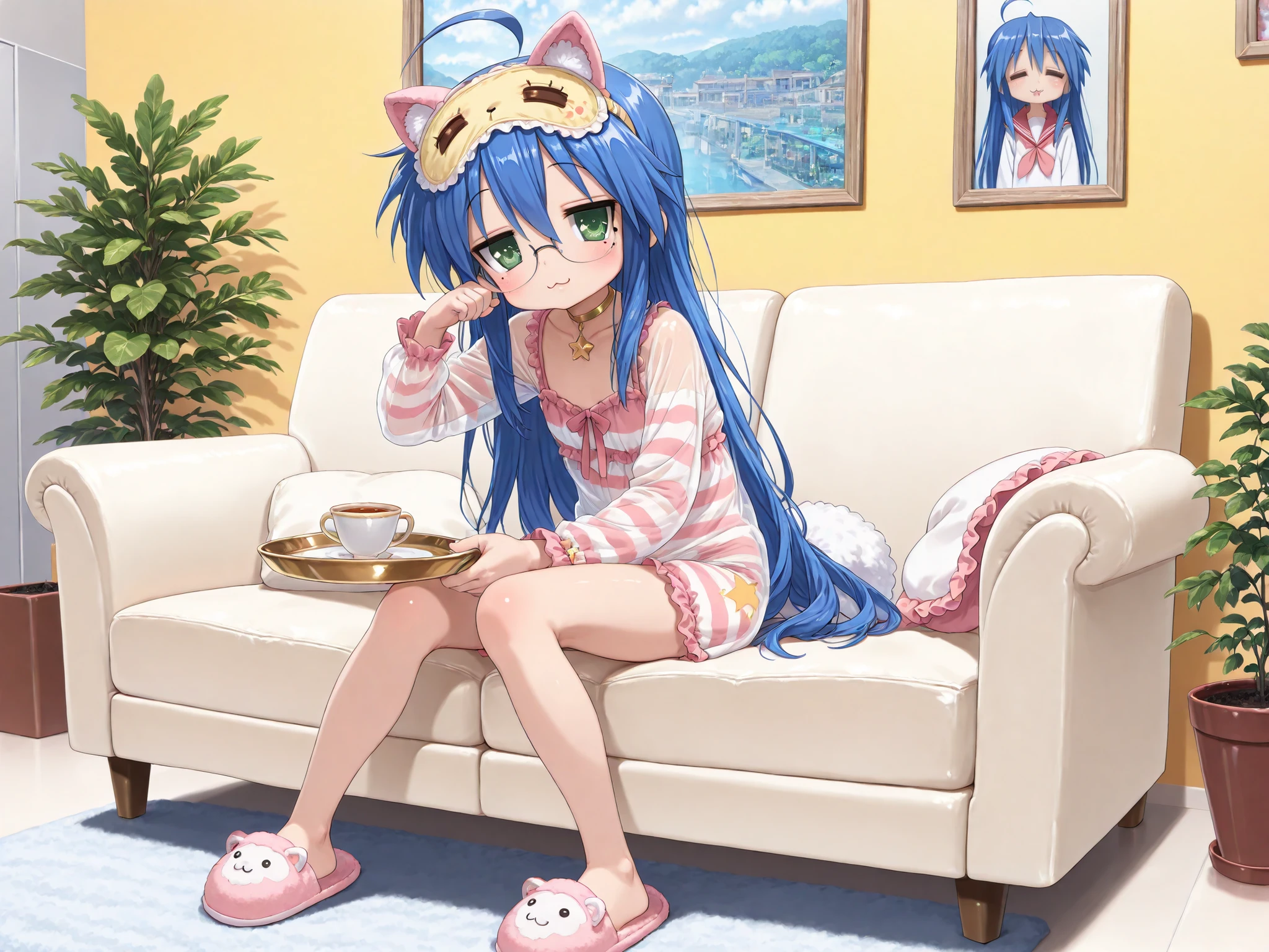 izumi konata \(lucky star\) A girl sitting on a beige couch in a living room, wearing a dark blue and pink striped one-piece pajama . and black-framed glasses. matching sleep mask on head fluffy slippers with tiny star charms, holding a yellow teacup and a golden plate, the girl, has a slim figure and is considerably small, has long blue hair and is looking directly at the viewer with a confident expression. revealing her bare legs and a ring on her finger. a gold choker around her neck. the background is a simple yellow wall with a potted plant on the left side. 1girl, unrivaled beauty, solo, fullbody, petite build, small chest, leaning slightly forward, see-through pajamas, fake animal ears, fake tail, green eyes, mole under eye, hair between eyes, straight hair, star (symbol), flame star print, :3, sleepy expression, whole body, slim hips, clothing texture, dynamic pose, beautiful face, beautiful girl, beautiful body, beautiful hair, Masterpiece, very aesthetic , perfect composition, intricate, ((Best quality :1.2)),((Detailed :1.5)),((Detailed background :1.5)). (HD eyes:1.4), ((4k,8k,Ultra HD)), {perfect body}, pastel style