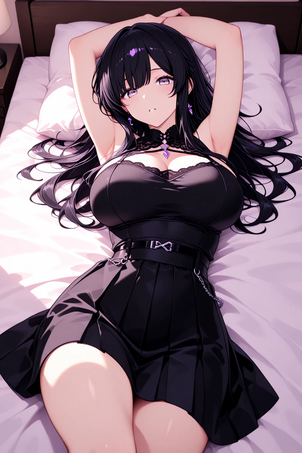 maid , drunk girl , messy hair , messy hair on her face , with arms up , lying on bed , full body view , thick body, long maid dress , black dress , huge thighs ,wide hipe