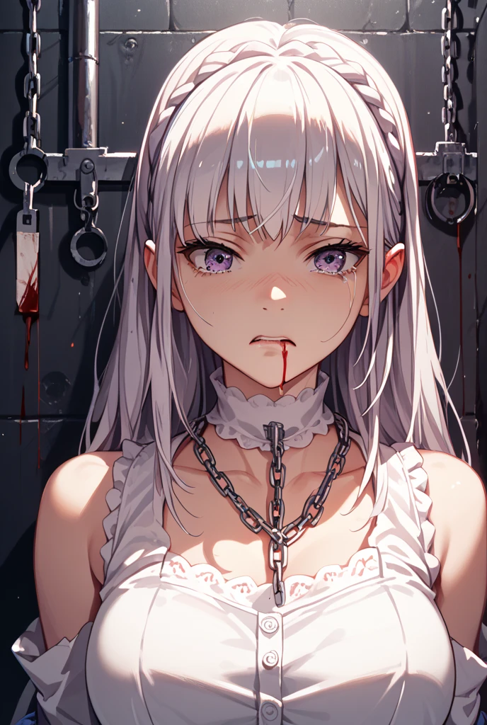 (masterpiece, best quality),  intricate details,
1girl,    Boosette_Mario, , long hair, white hair, long white dress, ballroom dress, white gloves, 
indoors, bathroom, toilet, urinal,  torn clothes, blood on face, scared, (purple eyes), (drenched on Blood), (((bath on Blood))), (((Blood))), (((Blood on breasts))), (((breasts covered on Blood))), (((bleeding breasts))), (((Blood on cleavage)))