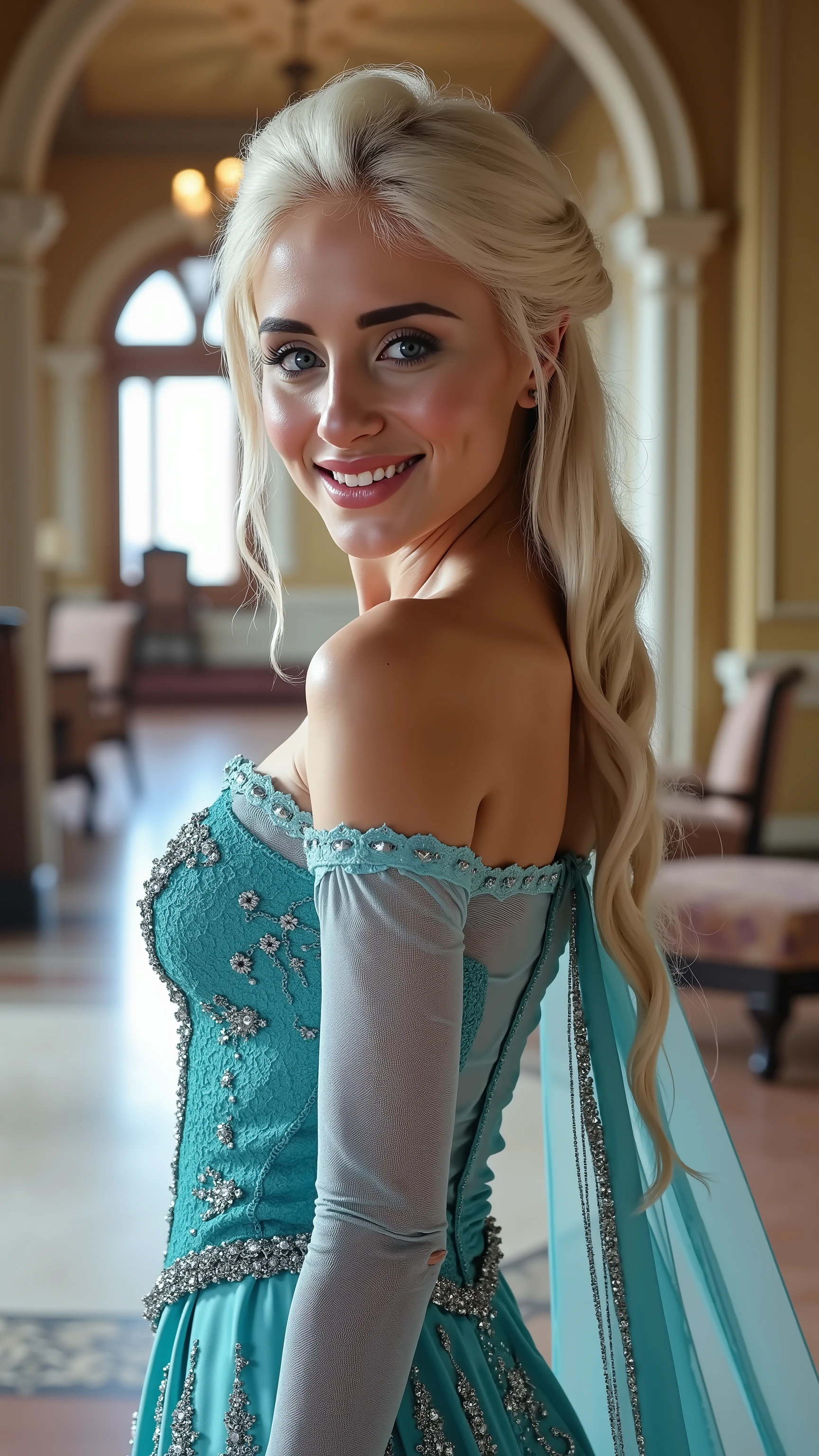Visible cleavage, A stunning dynamic angle image of Anna Kournikova as Elsa smiling , she is sexy , queen of arendelle, young and beautiful, hyper realistic, real portrait, backlit, exquisite features, cleavage, sexy, seductive, interior or an ornate castle ballroom with high ceilings, show skin, blue eyes, exposed bum